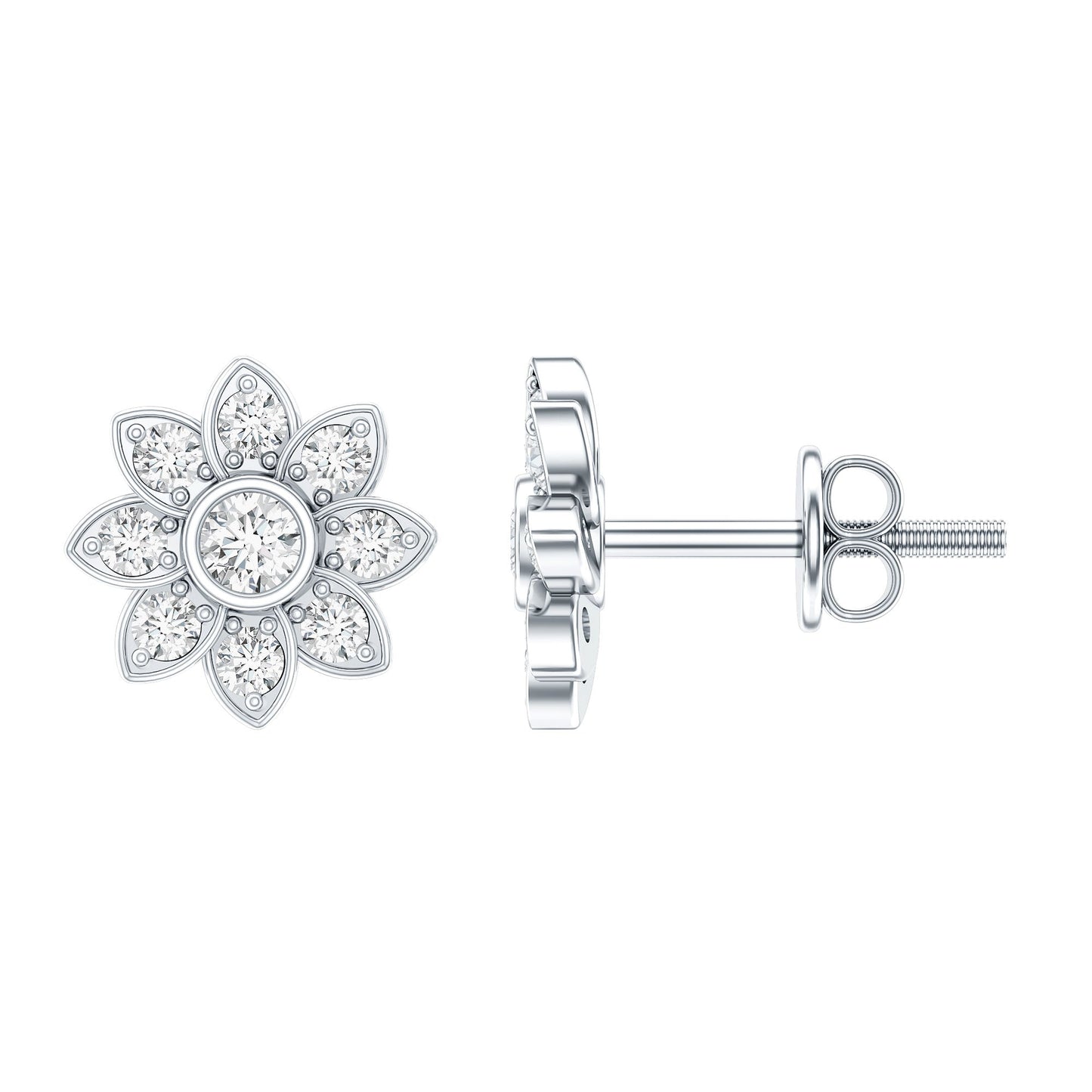Diamond Flower Stud Earrings With Screw Back