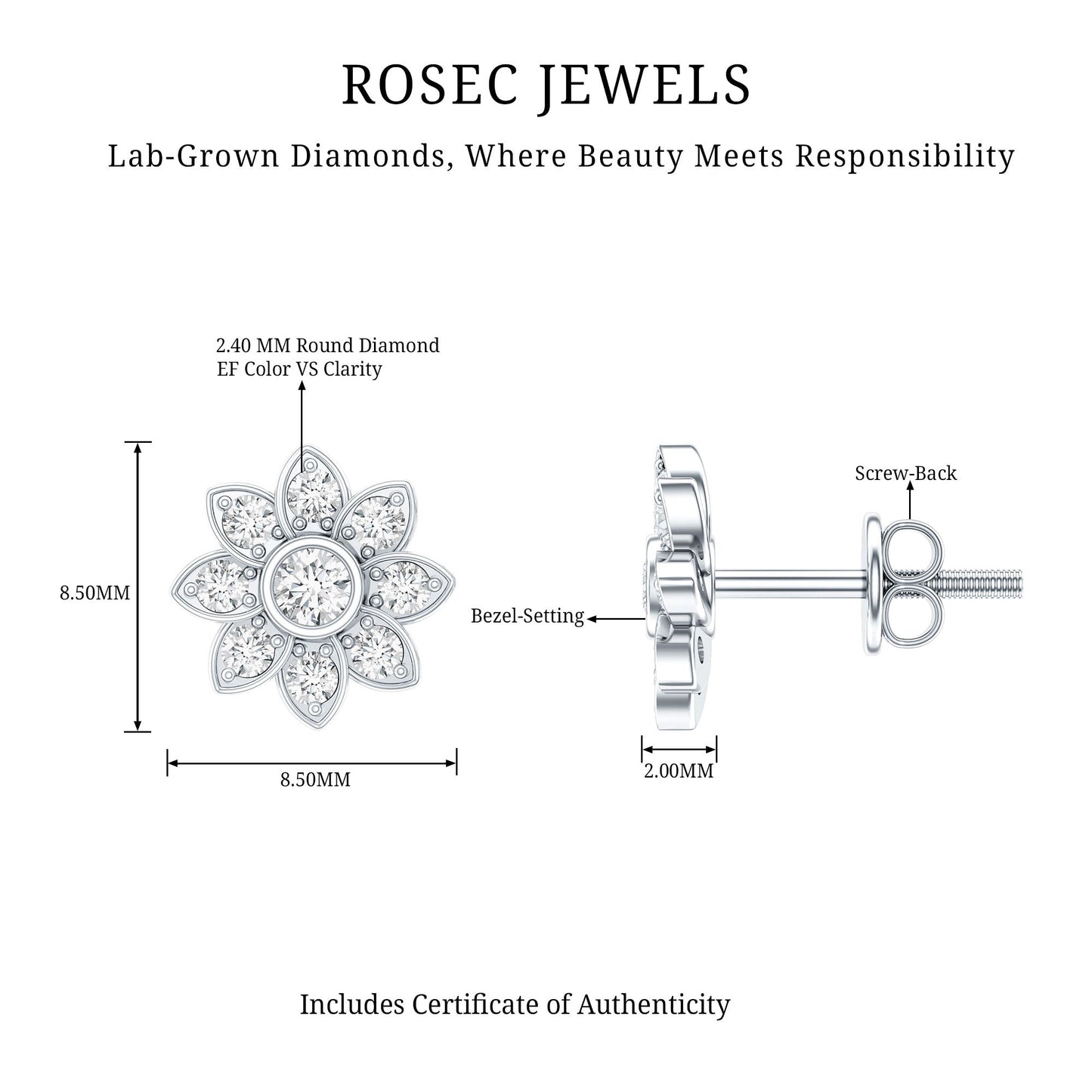 Diamond Flower Stud Earrings With Screw Back