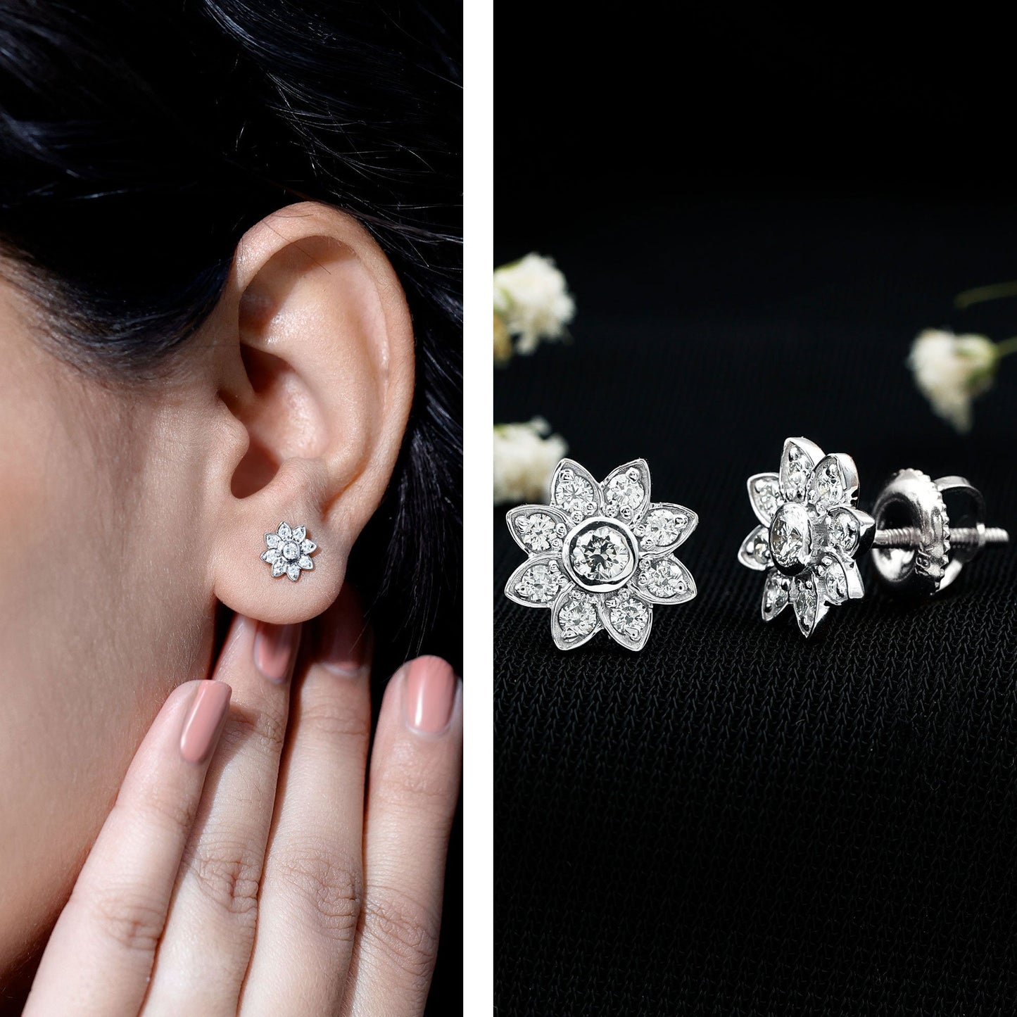 Diamond Flower Stud Earrings With Screw Back
