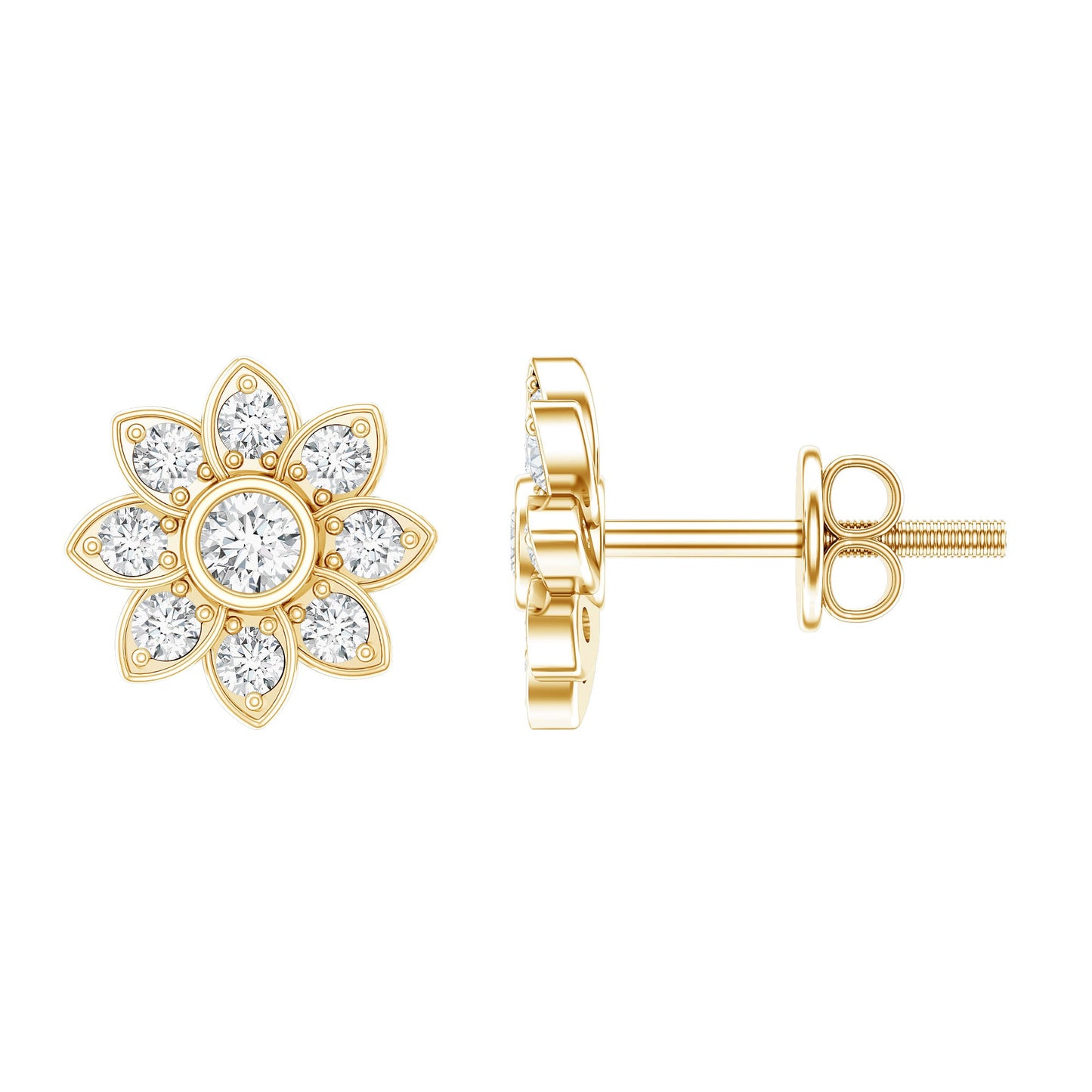 Diamond Flower Stud Earrings With Screw Back