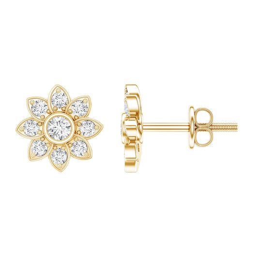 Diamond Flower Stud Earrings With Screw Back