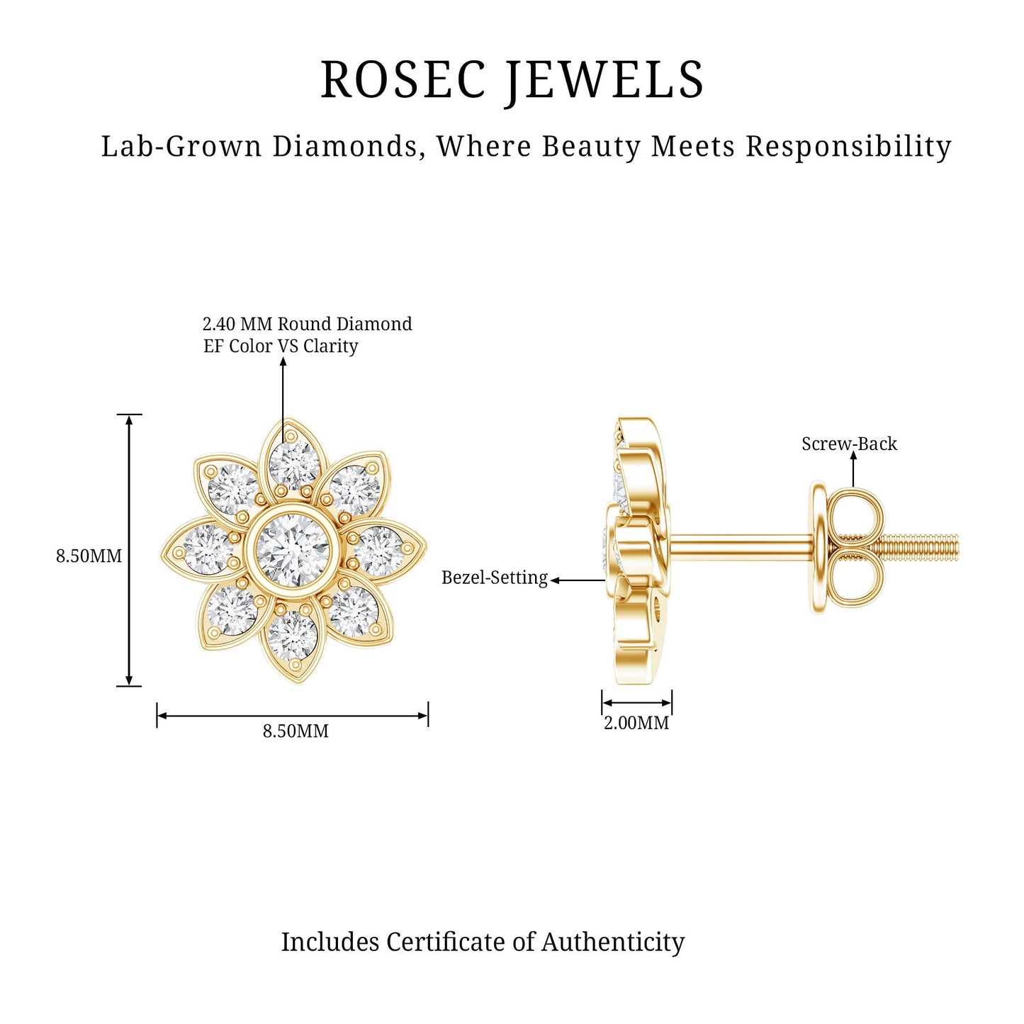 Diamond Flower Stud Earrings With Screw Back