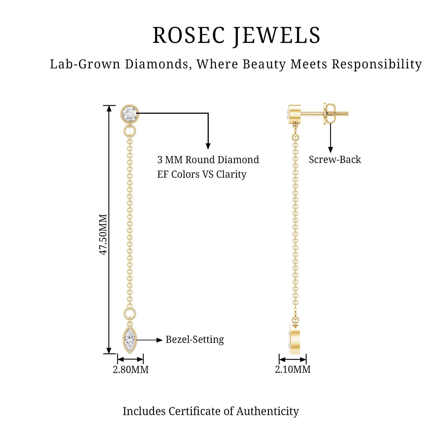 Certified Diamond Dangle Chain Earrings in Bezel Setting