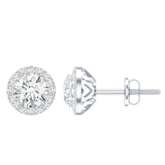 Certified 1 Carat Round Moissanite Classic Stud Earrings in Silver