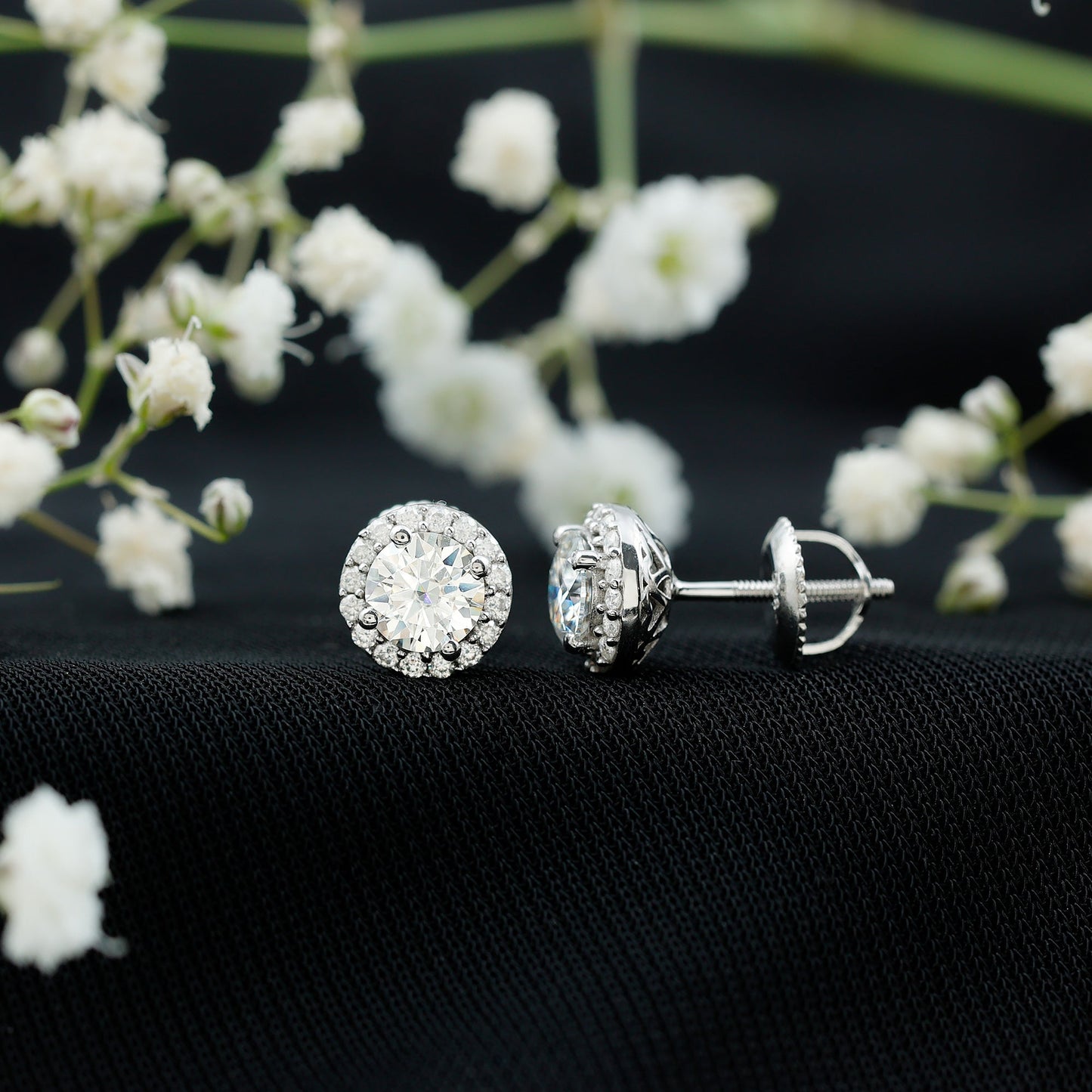 Certified 1 Carat Round Moissanite Classic Stud Earrings in Silver