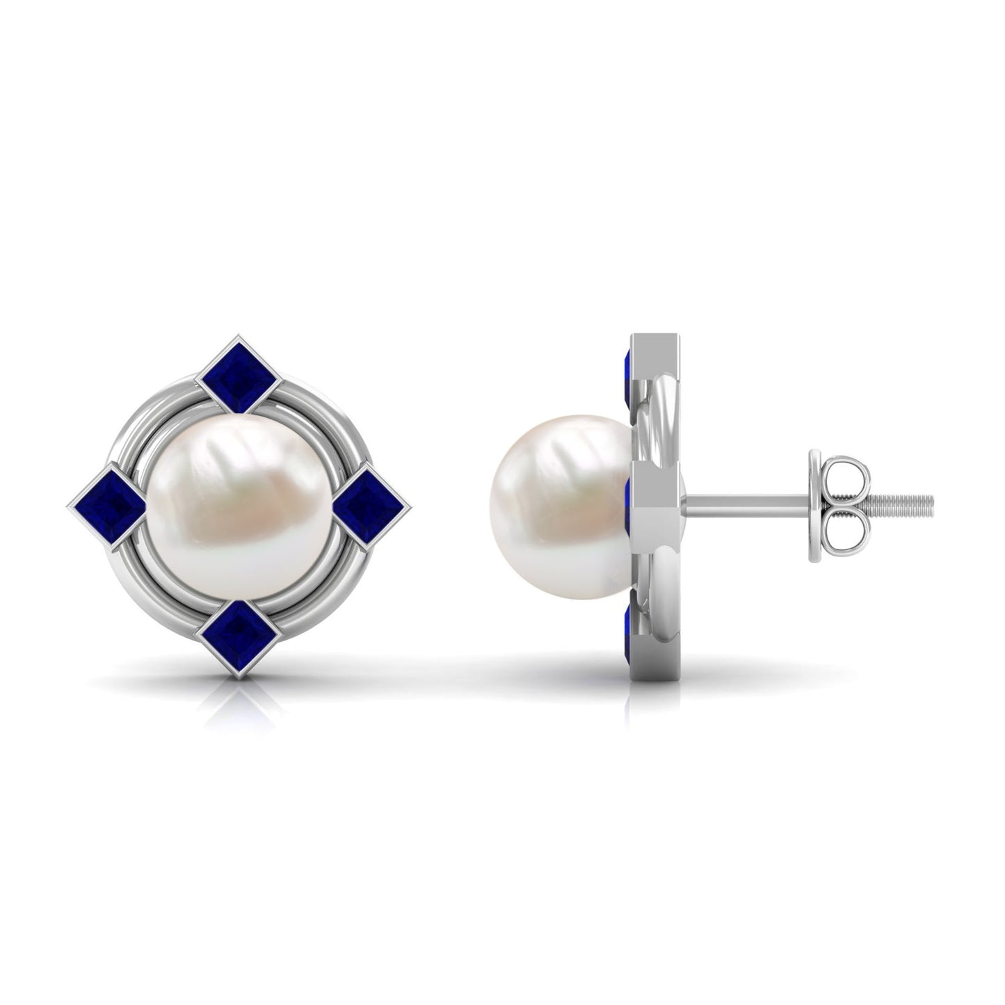 Real Freshwater Pearl and Blue Sapphire Modern Stud Earrings