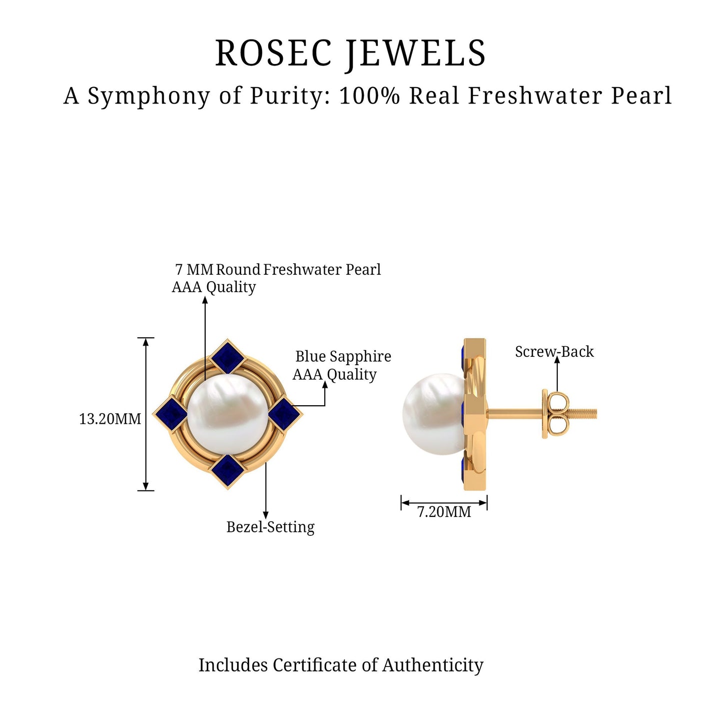 Real Freshwater Pearl and Blue Sapphire Modern Stud Earrings
