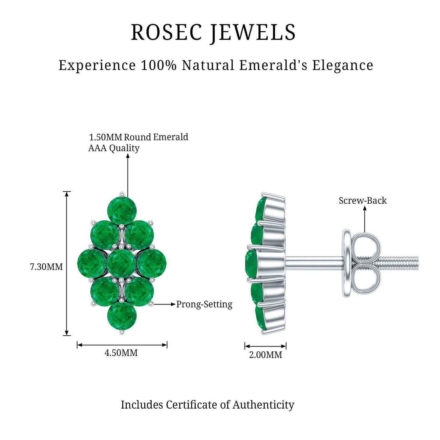 Natural Round Emerald Cluster Stud Earrings With Screw Back