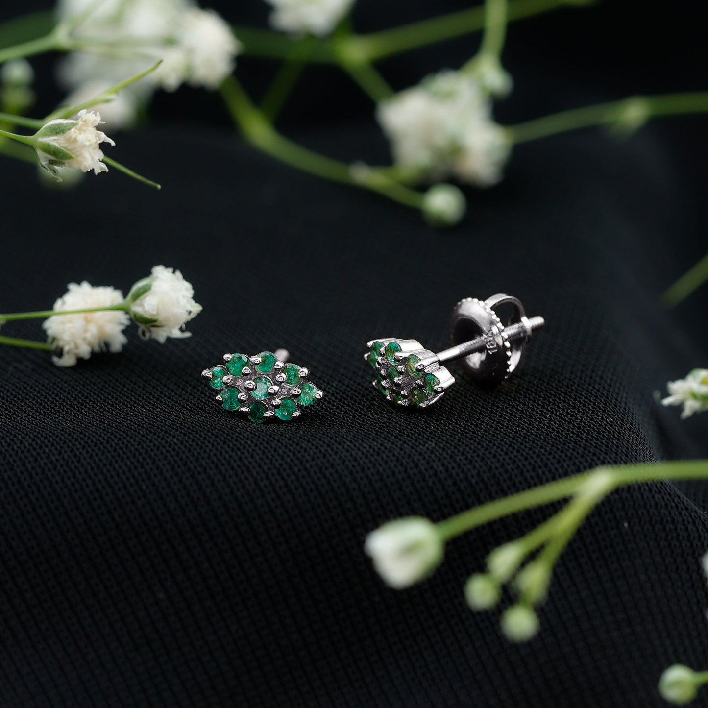 Natural Round Emerald Cluster Stud Earrings With Screw Back