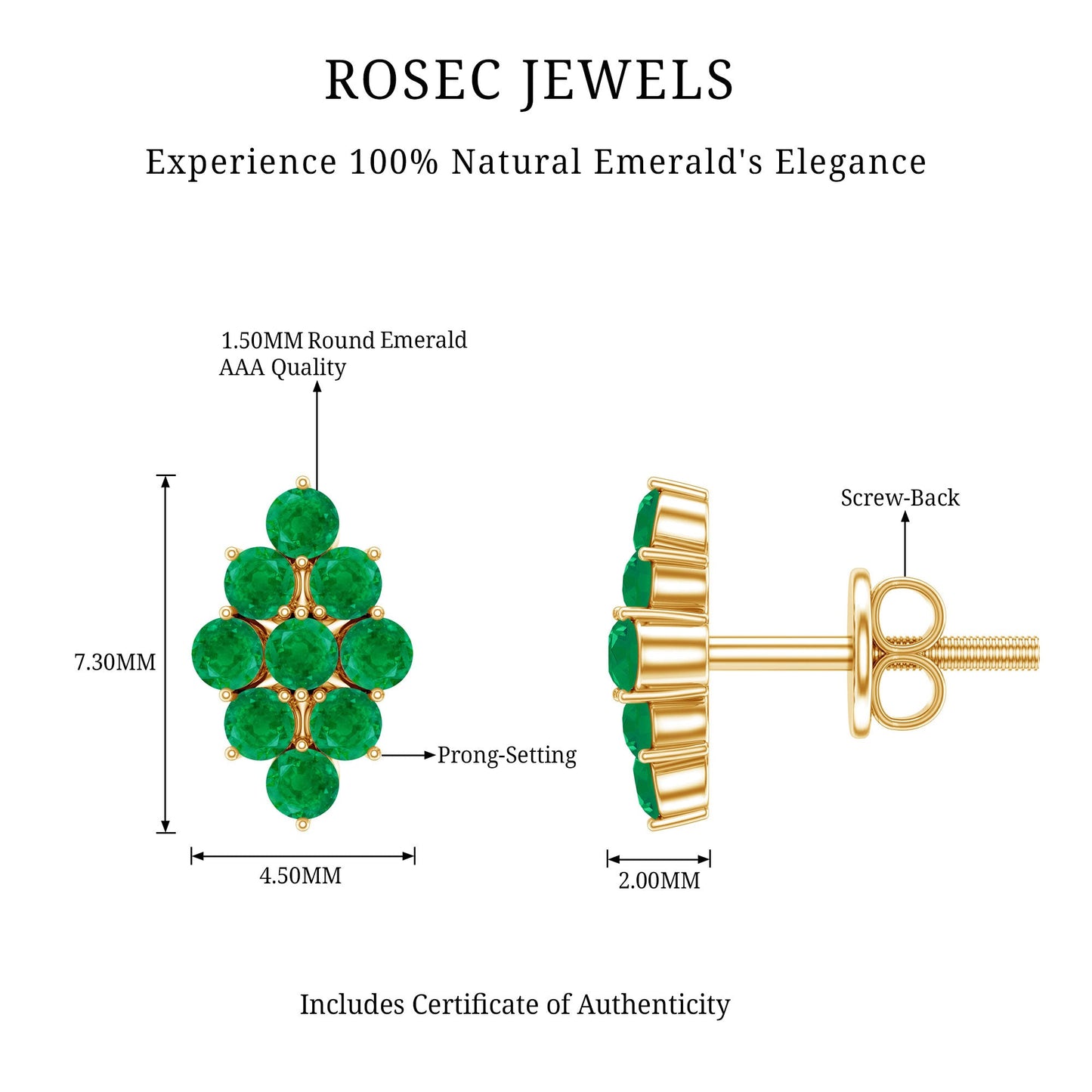 Natural Round Emerald Cluster Stud Earrings With Screw Back