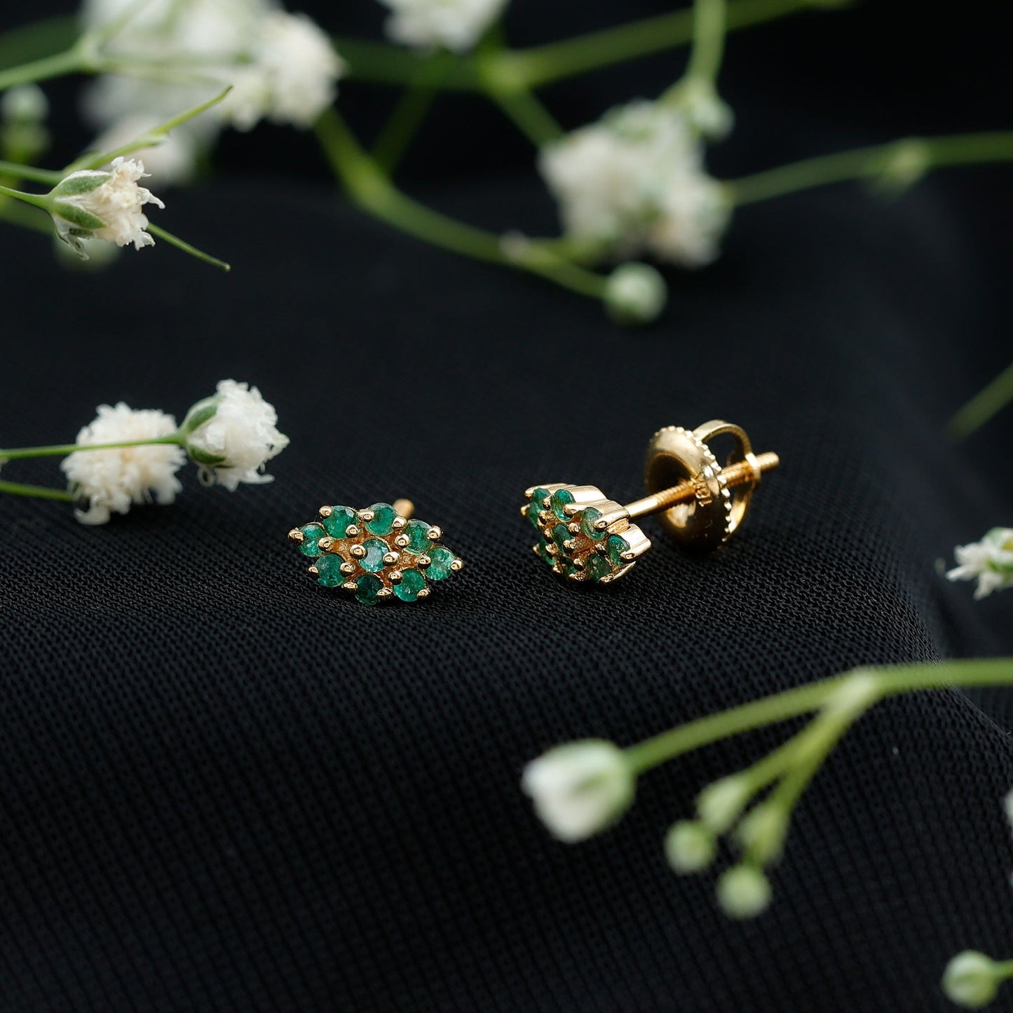 Natural Round Emerald Cluster Stud Earrings With Screw Back