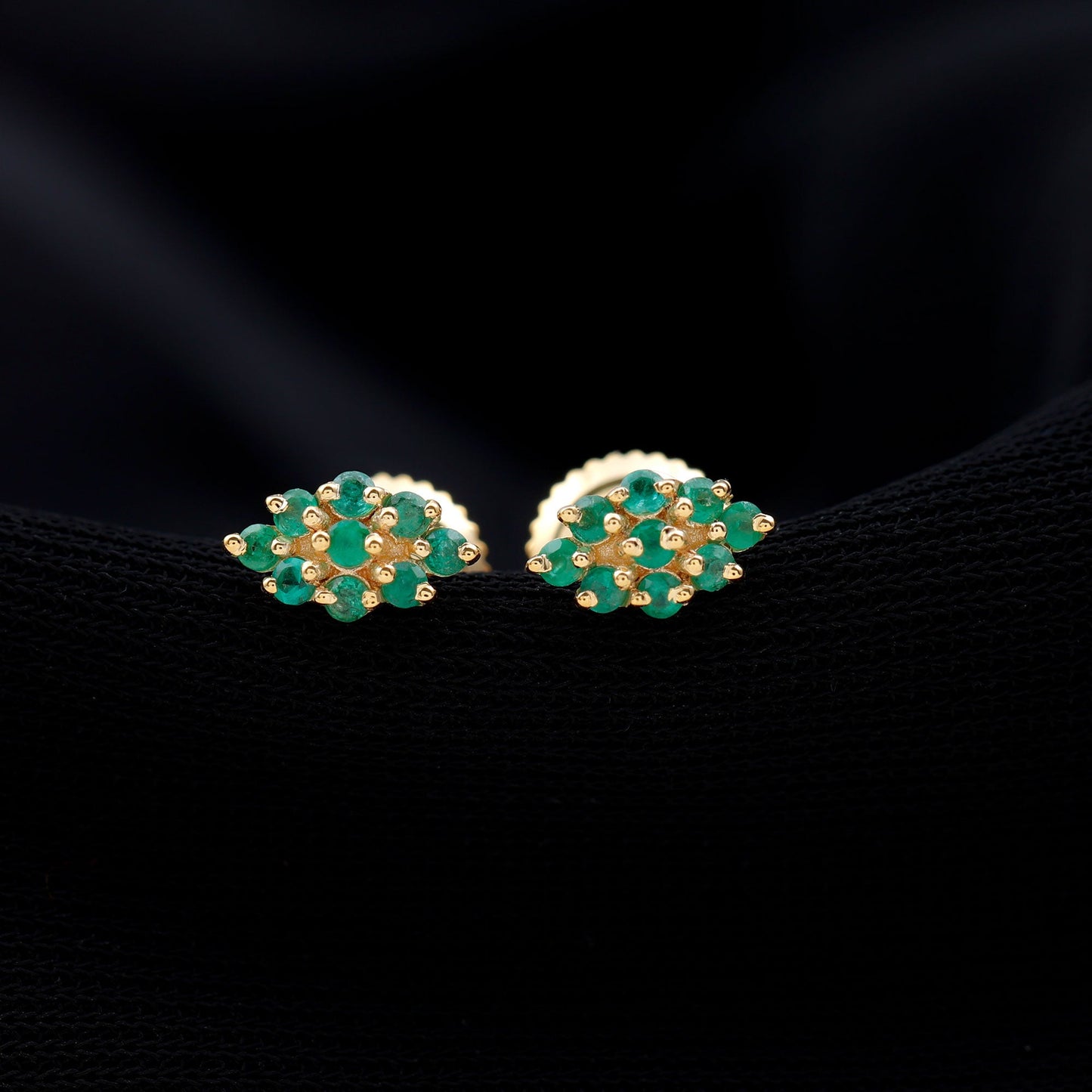 Natural Round Emerald Cluster Stud Earrings With Screw Back