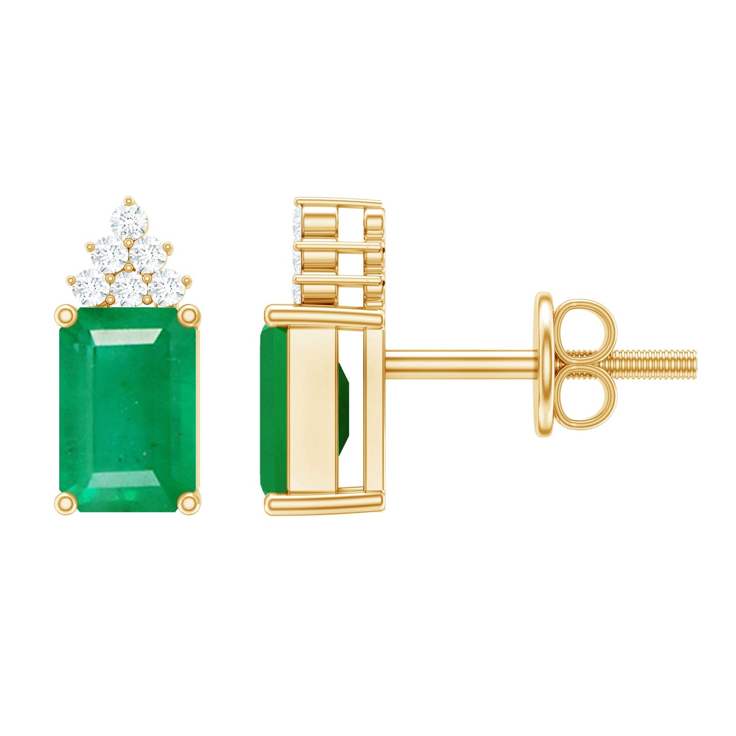 Genuine 1.32 Carat Emerald Cut Emerald Stud Earrings with Diamond Cluster