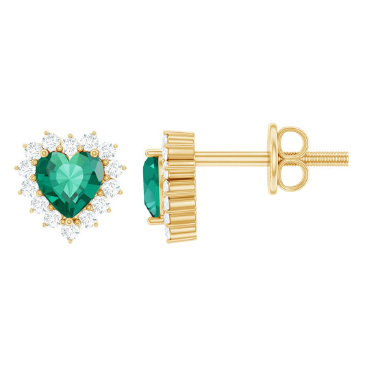 Heart Shaped Lab Created Emerald and Diamond Halo Stud Earrings
