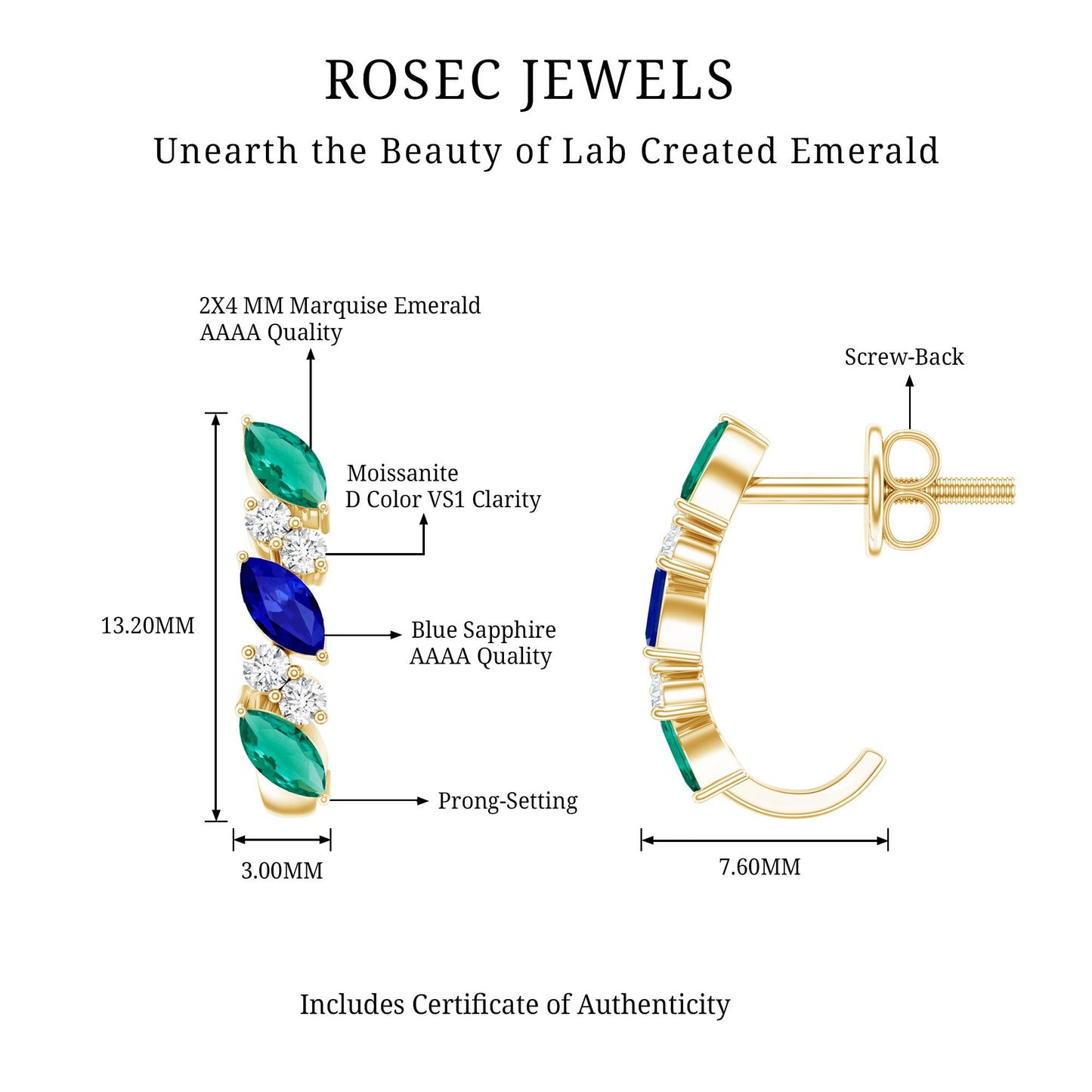 Marquise Cut Lab Created Blue Sapphire and Emerald Hoop Earrings with Moissanite