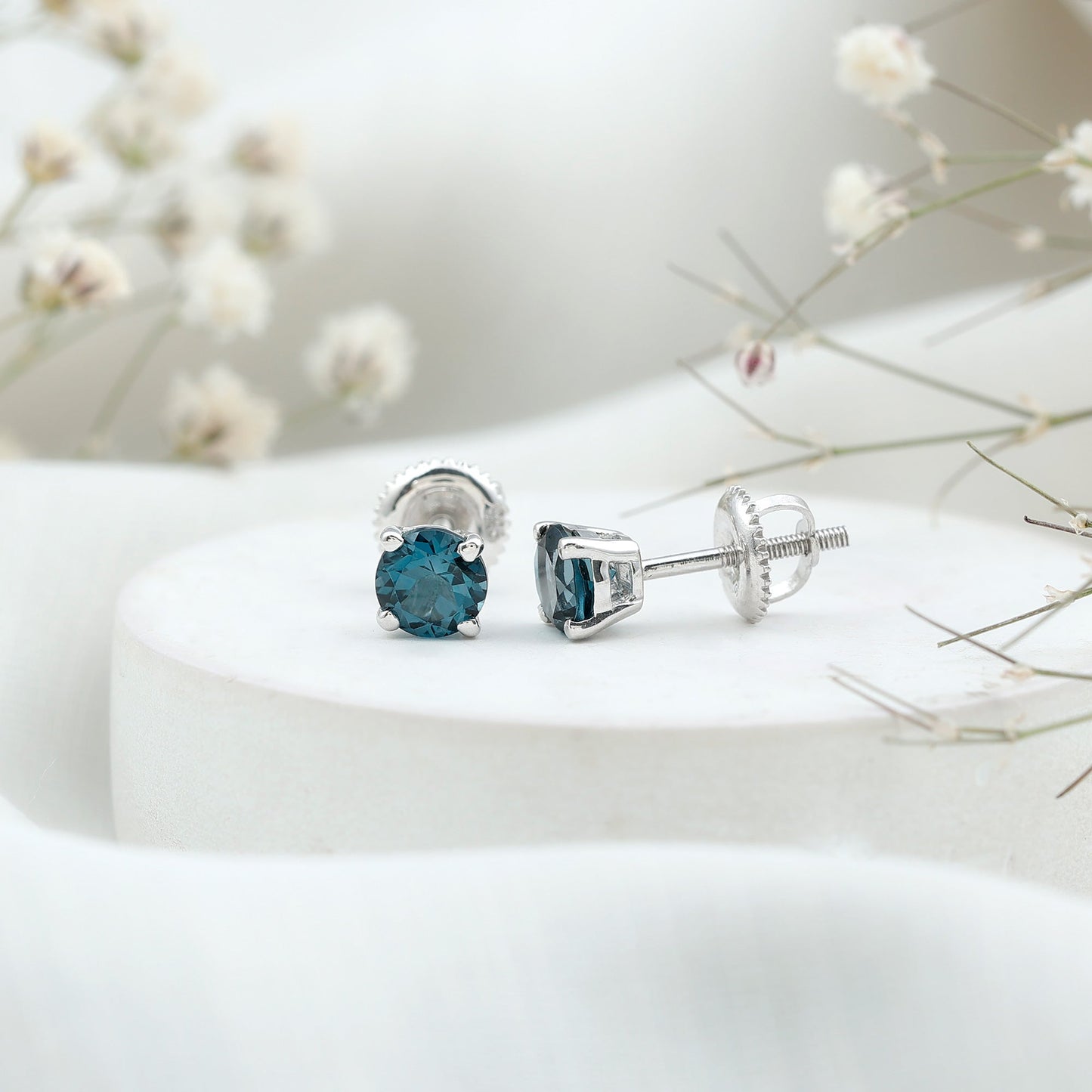 Genuine London Blue Topaz Solitaire Stud Earrings in Prong Setting