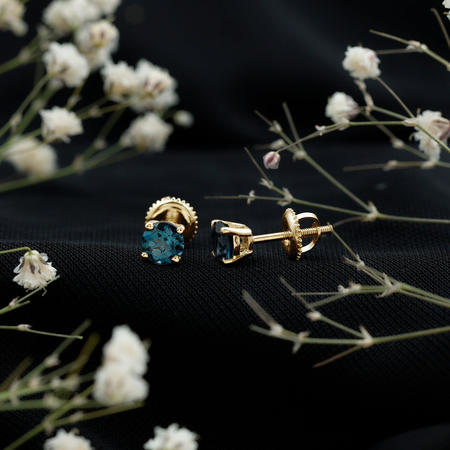 Genuine London Blue Topaz Solitaire Stud Earrings in Prong Setting
