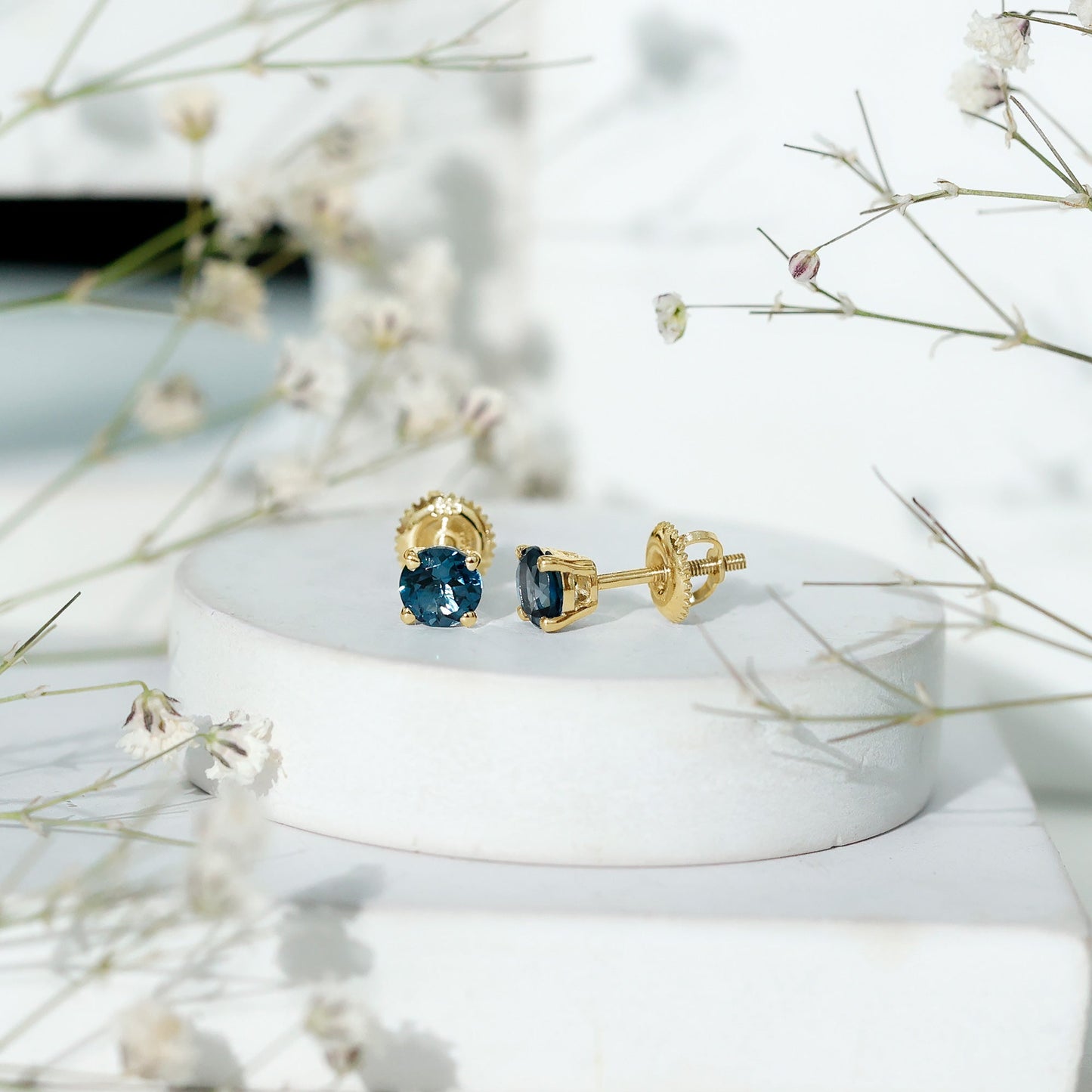 Genuine London Blue Topaz Solitaire Stud Earrings in Prong Setting