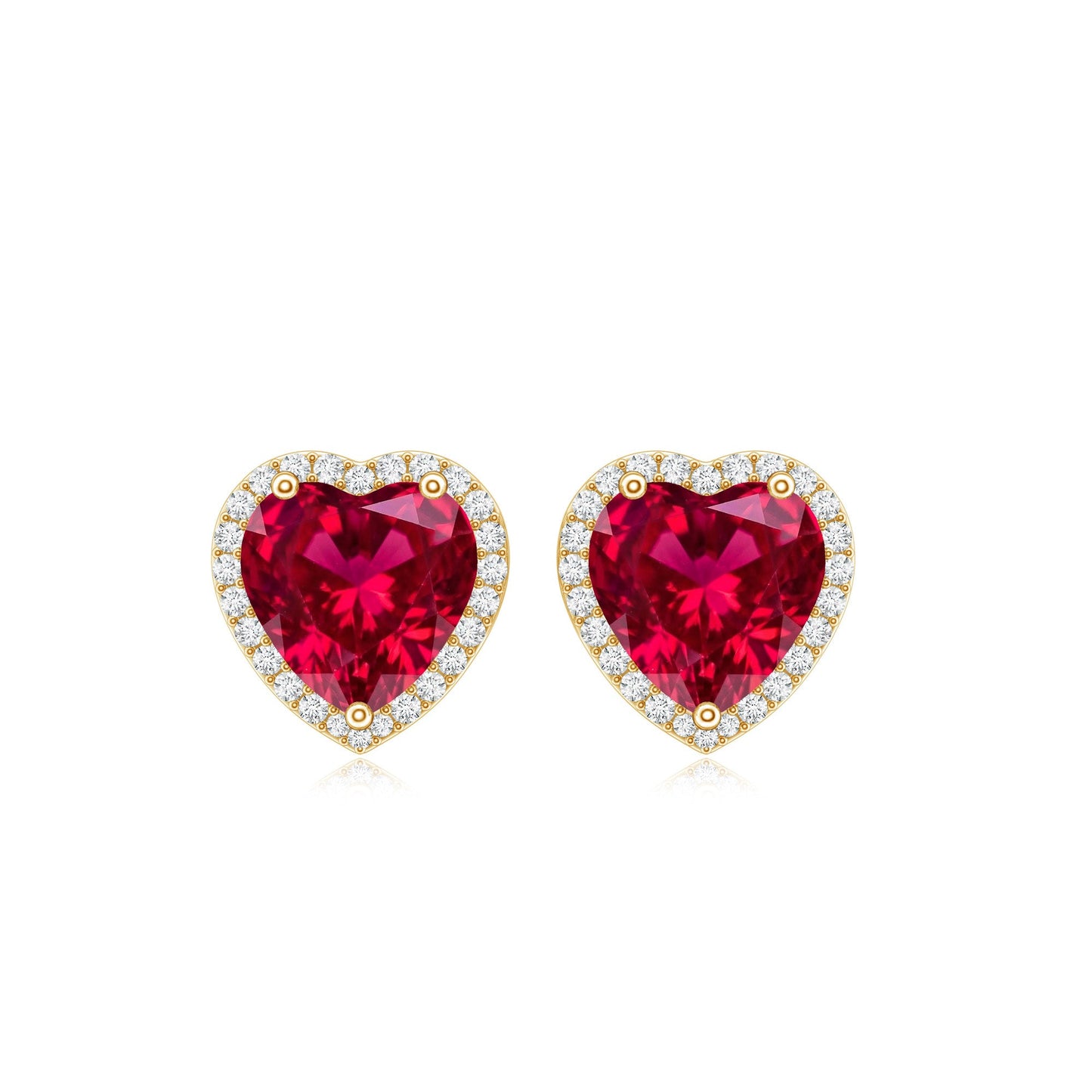 4 Carat Heart Shape Created Ruby Halo Stud Earrings with Diamond
