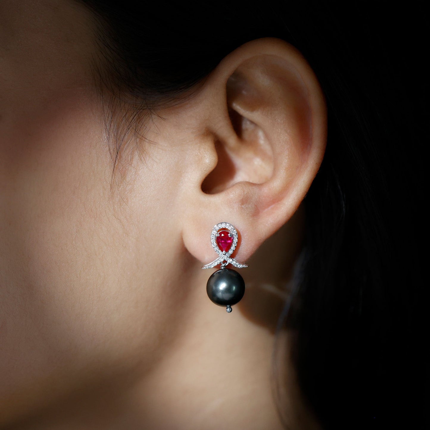 Tahitian Black Pearl Drop Earrings with Lab Grown Ruby