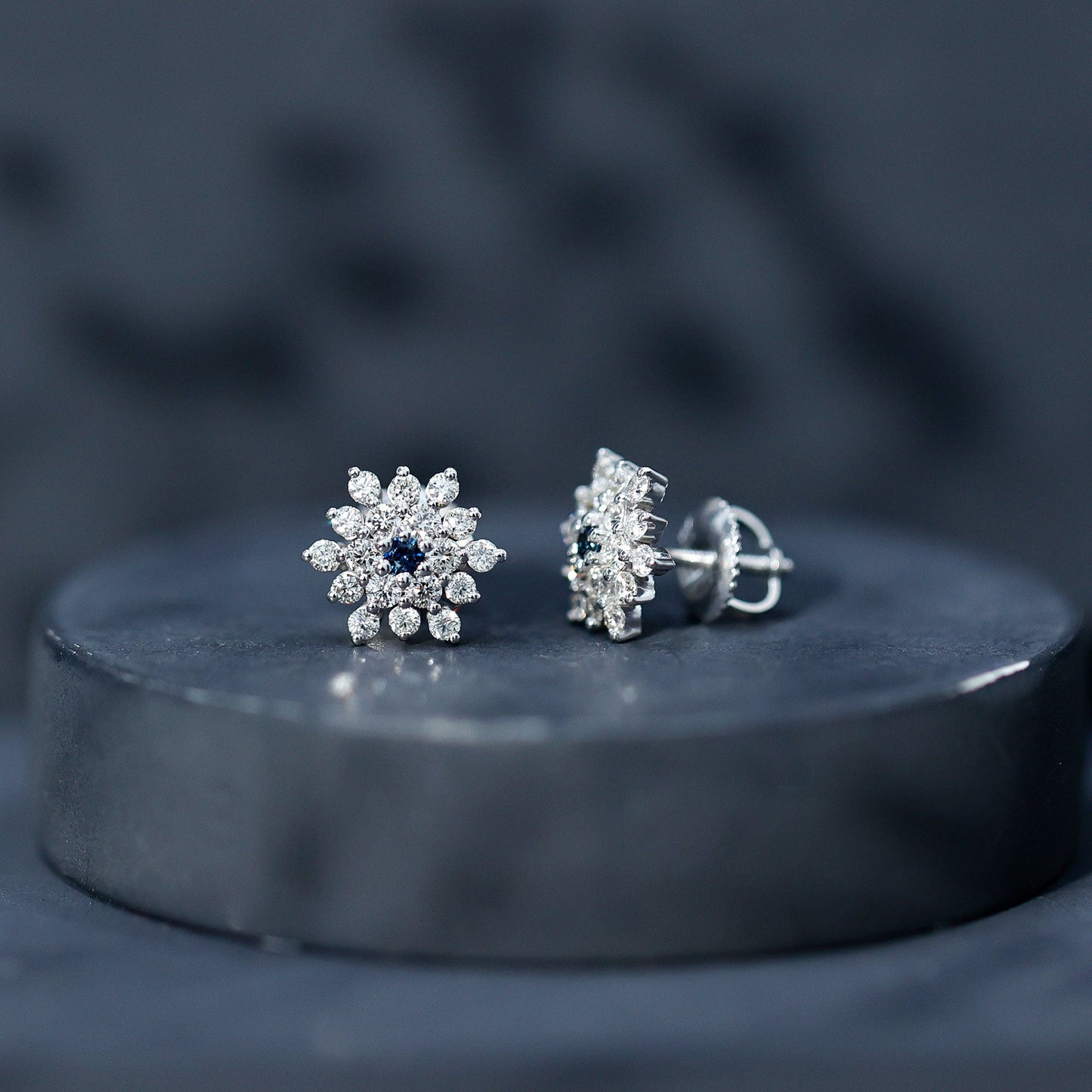 Created Blue Sapphire and Moissanite Cluster Statement Stud Earrings