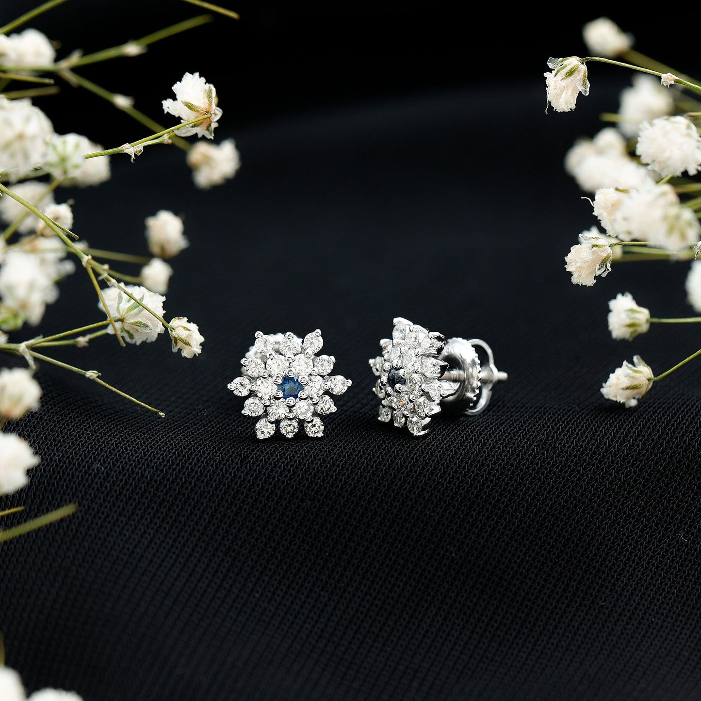 Created Blue Sapphire and Moissanite Cluster Statement Stud Earrings