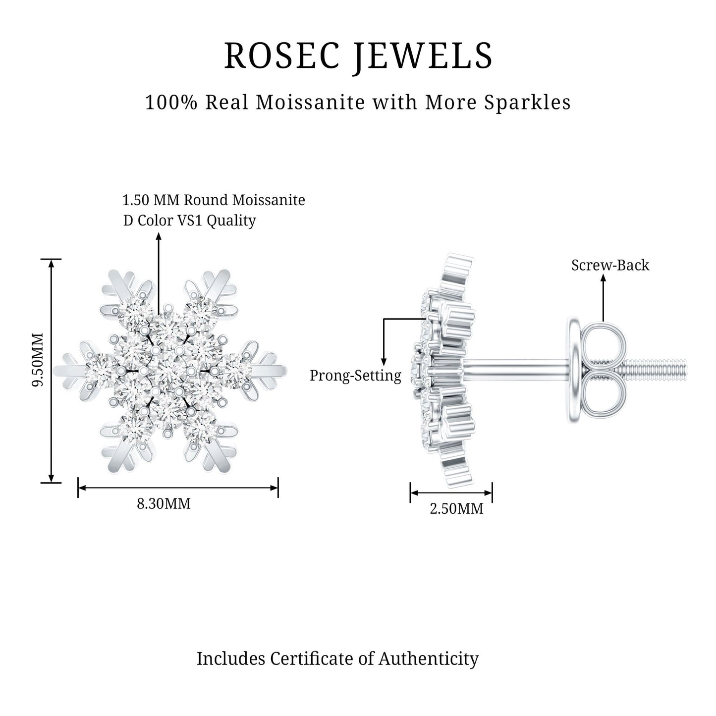 Certified Moissanite Snowflake Stud Earrings