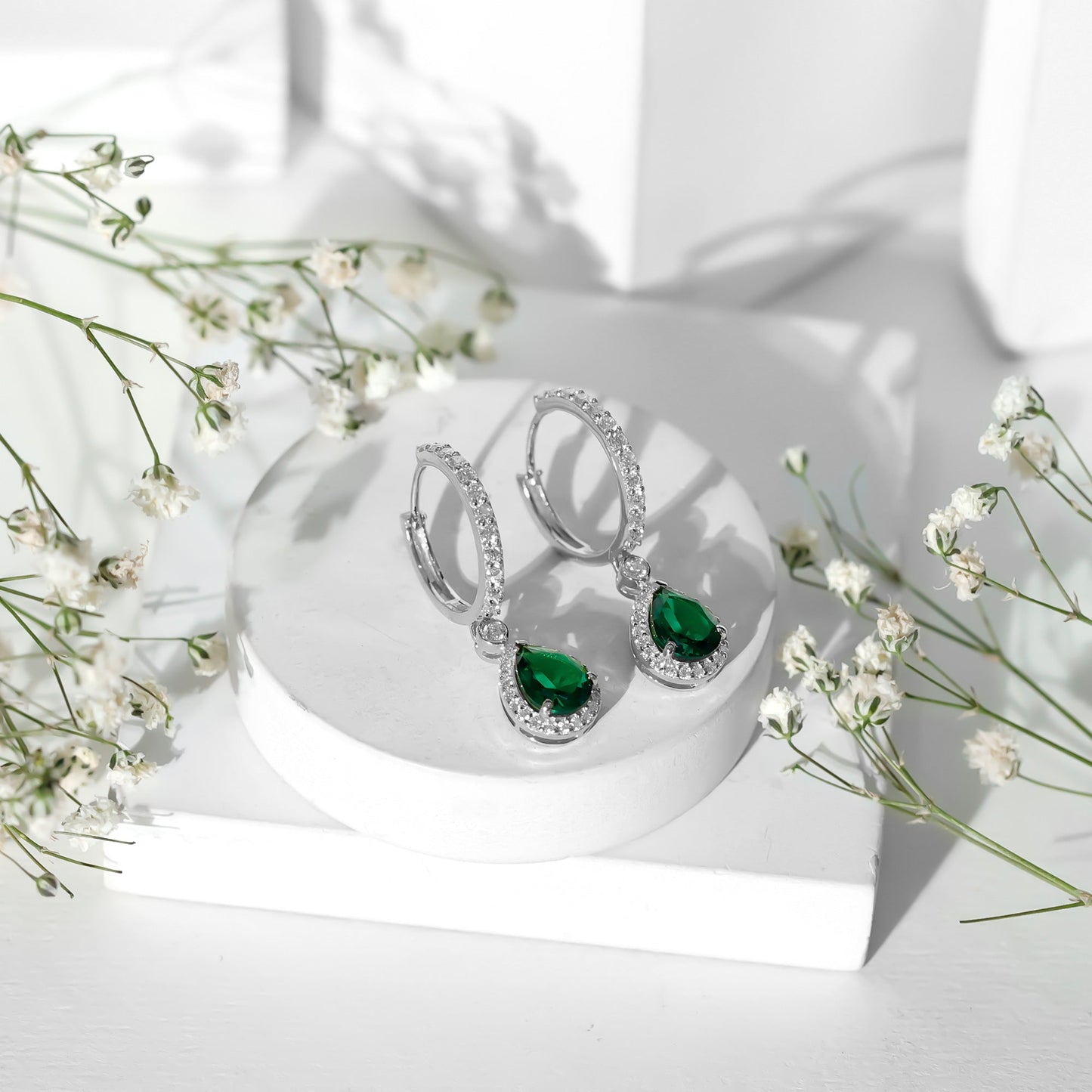 2 Carat Lab Created Emerald Teardrop Hoop Earrings with Moissanite