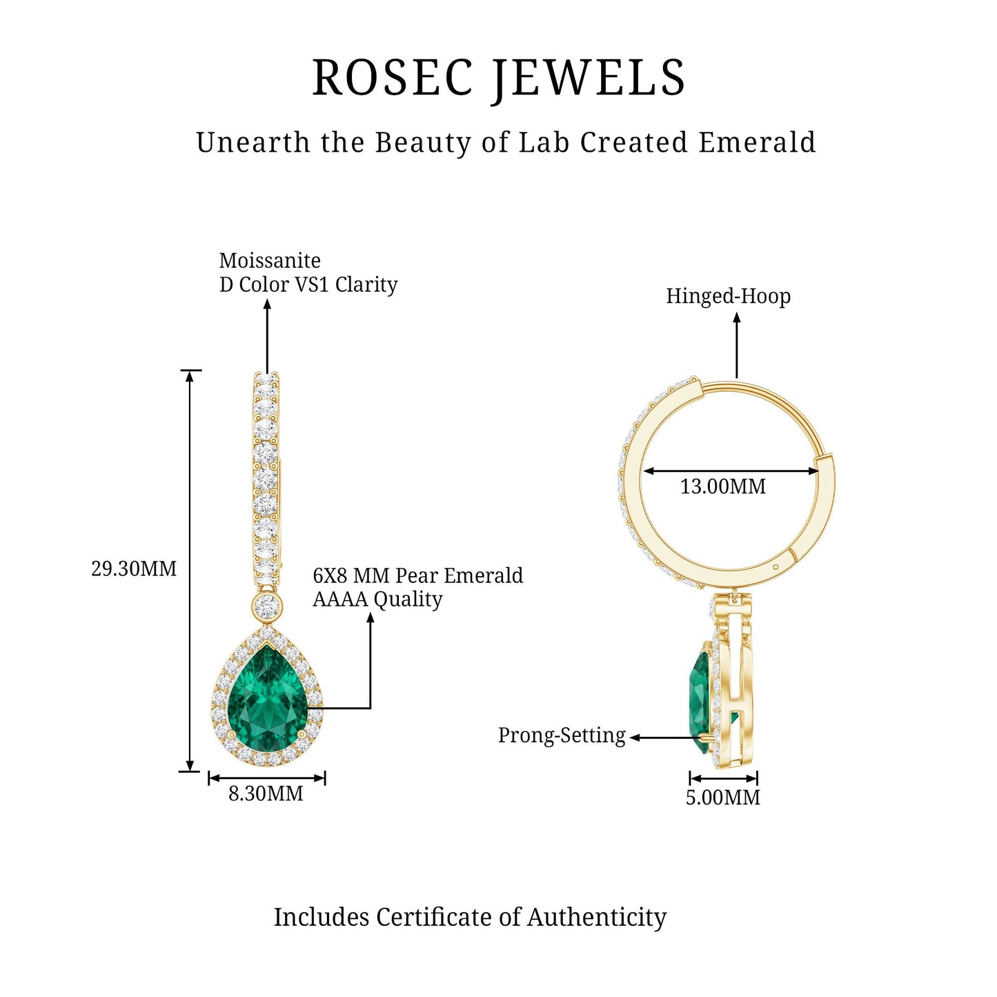 2 Carat Lab Created Emerald Teardrop Hoop Earrings with Moissanite