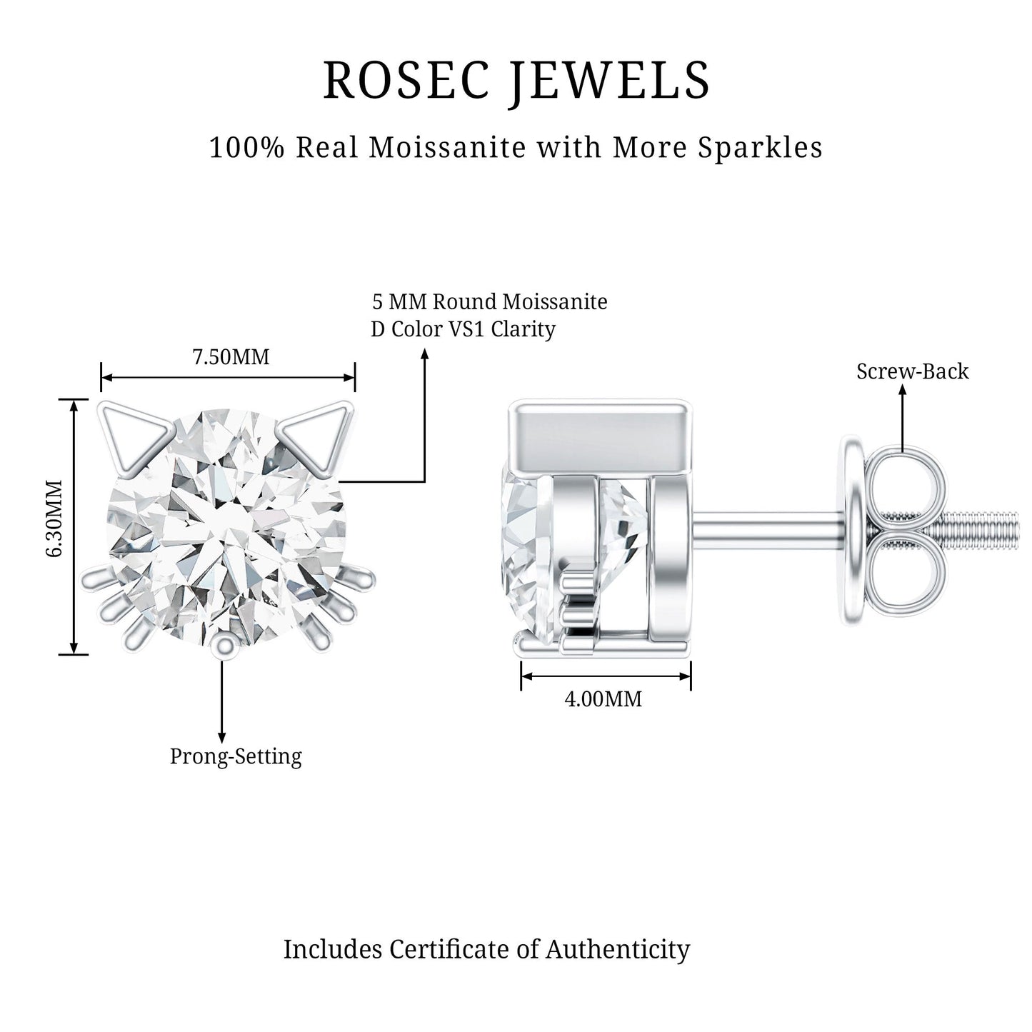 1 CT Solitaire Moissanite Cat Stud Earrings with Screw Back