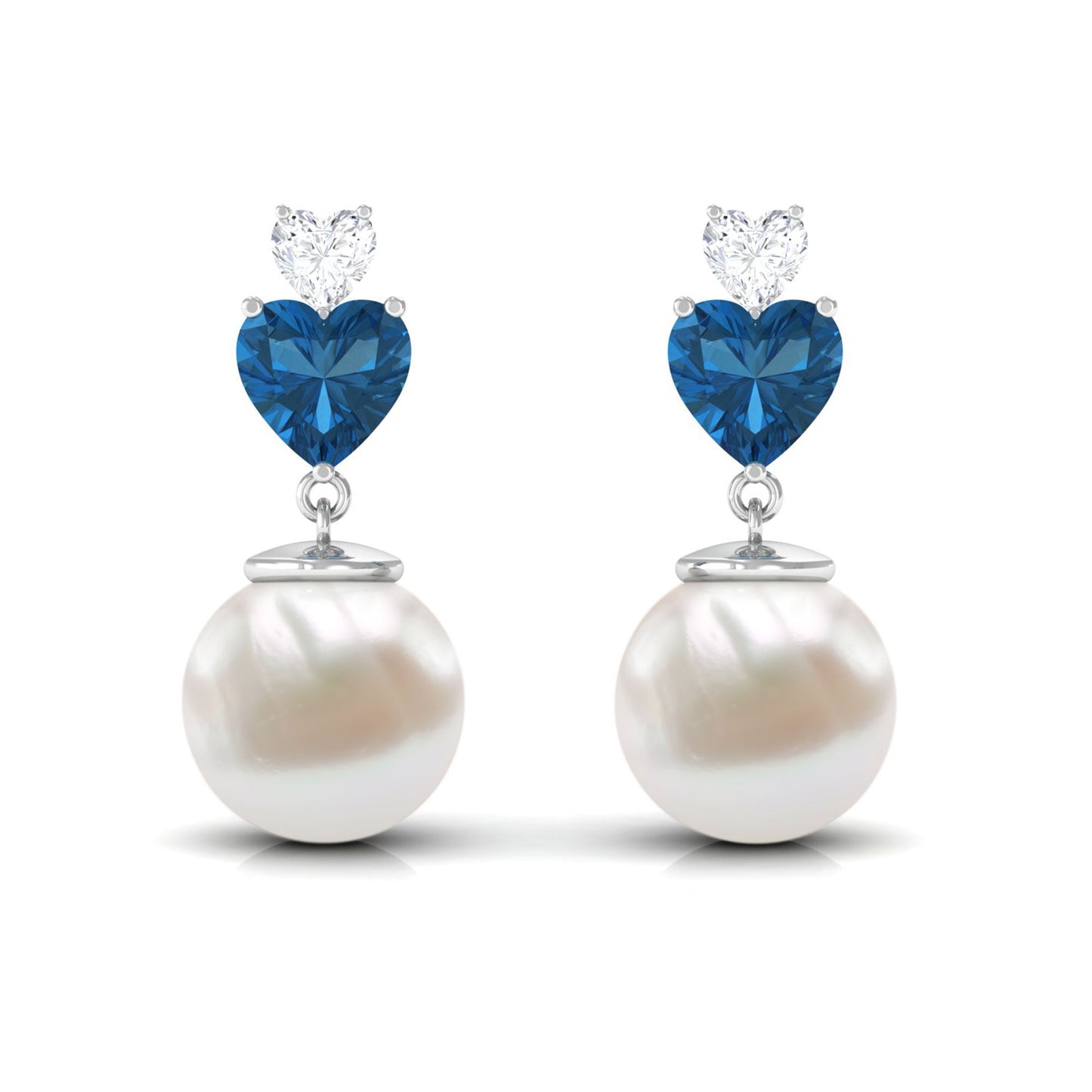 Freshwater Pearl Heart Stud Drop Earrings with London Blue Topaz and Moissanite