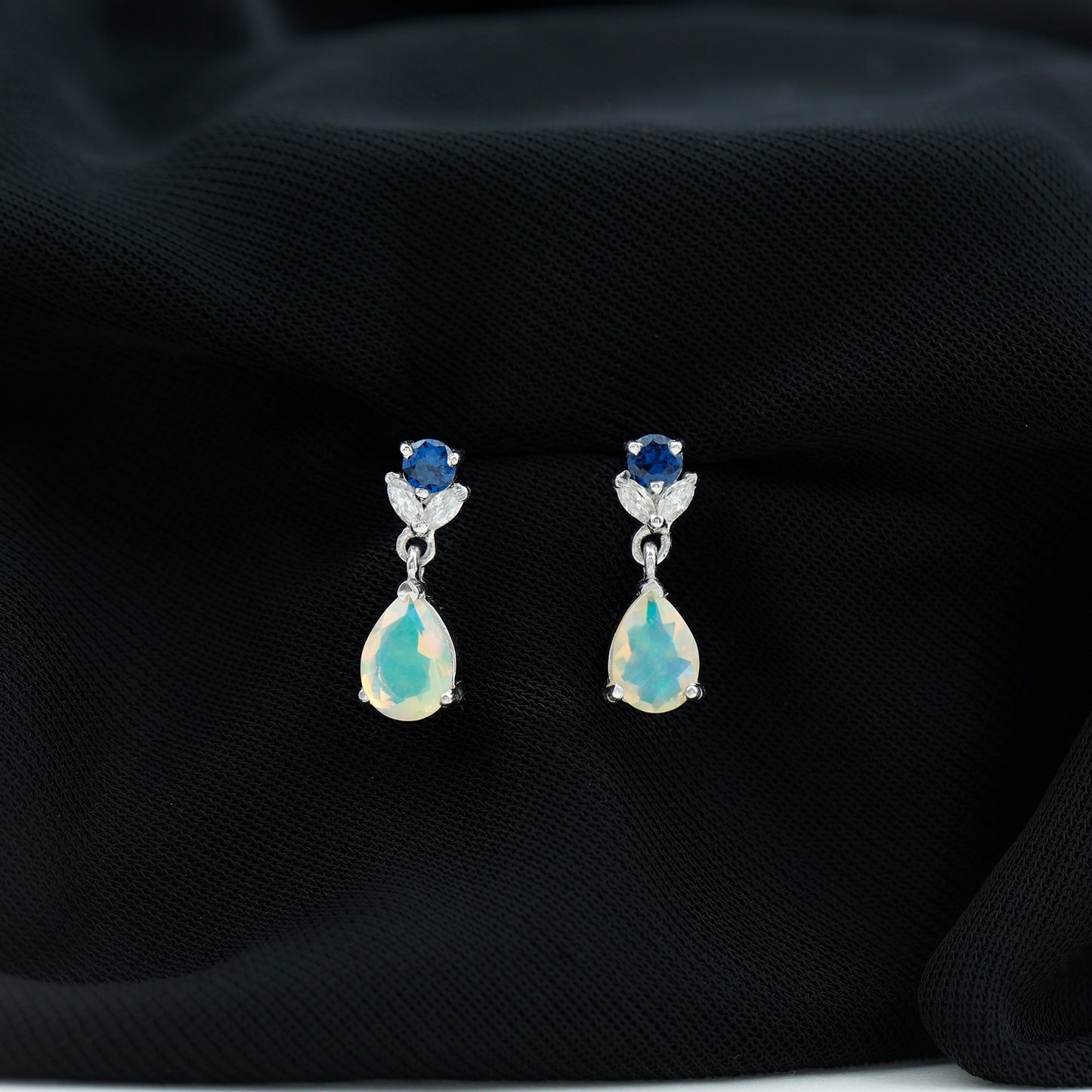 1.4 Carat Ethiopian Opal Teardrop Earrings with Lab Blue Sapphire
