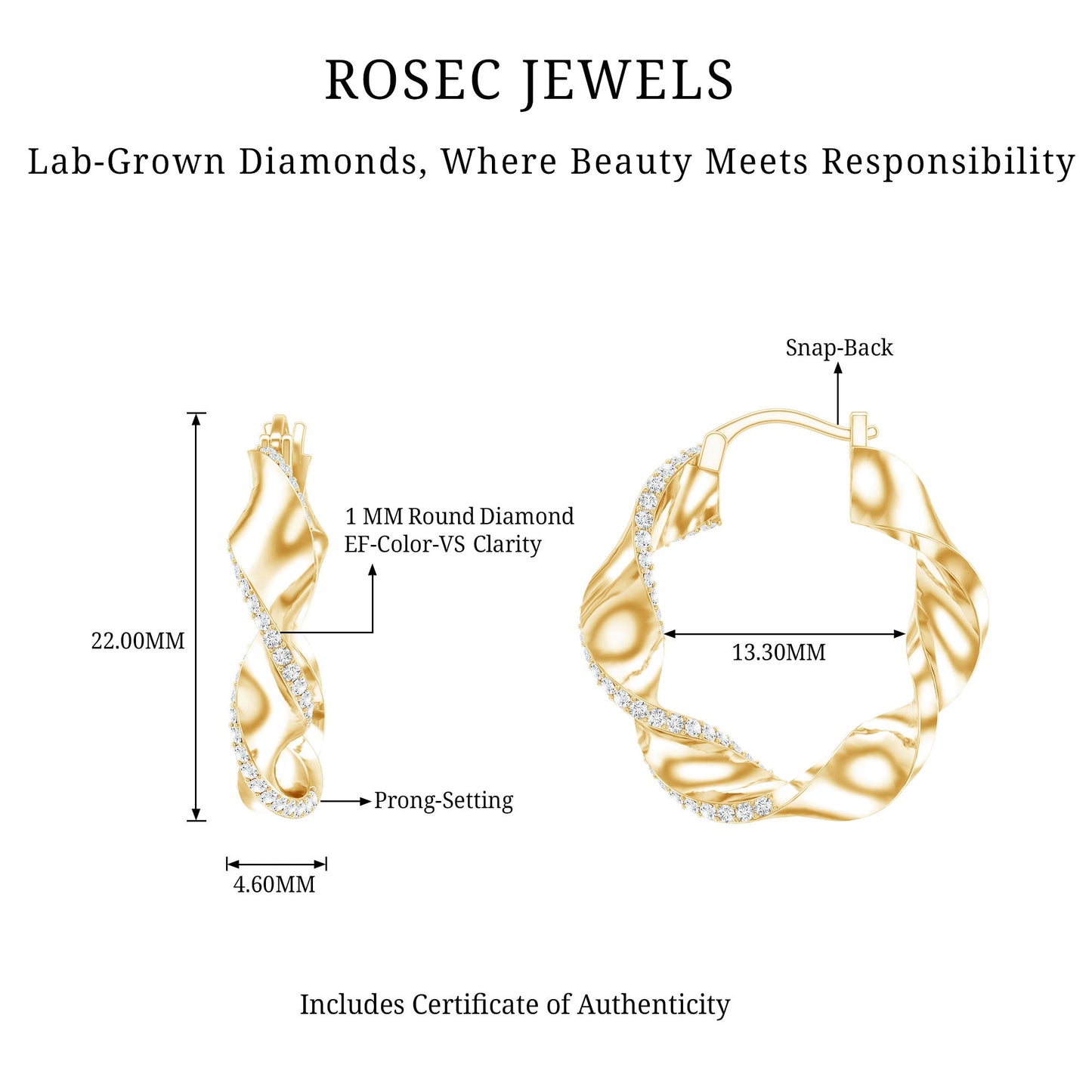 Lab Grown Diamond Twisted Hoop Earrings with Snap Back