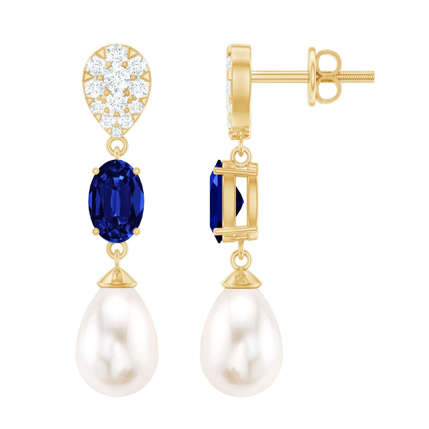 Teardrop Shape Freshwater Pearl Dangle Earrings with Lab Sapphire