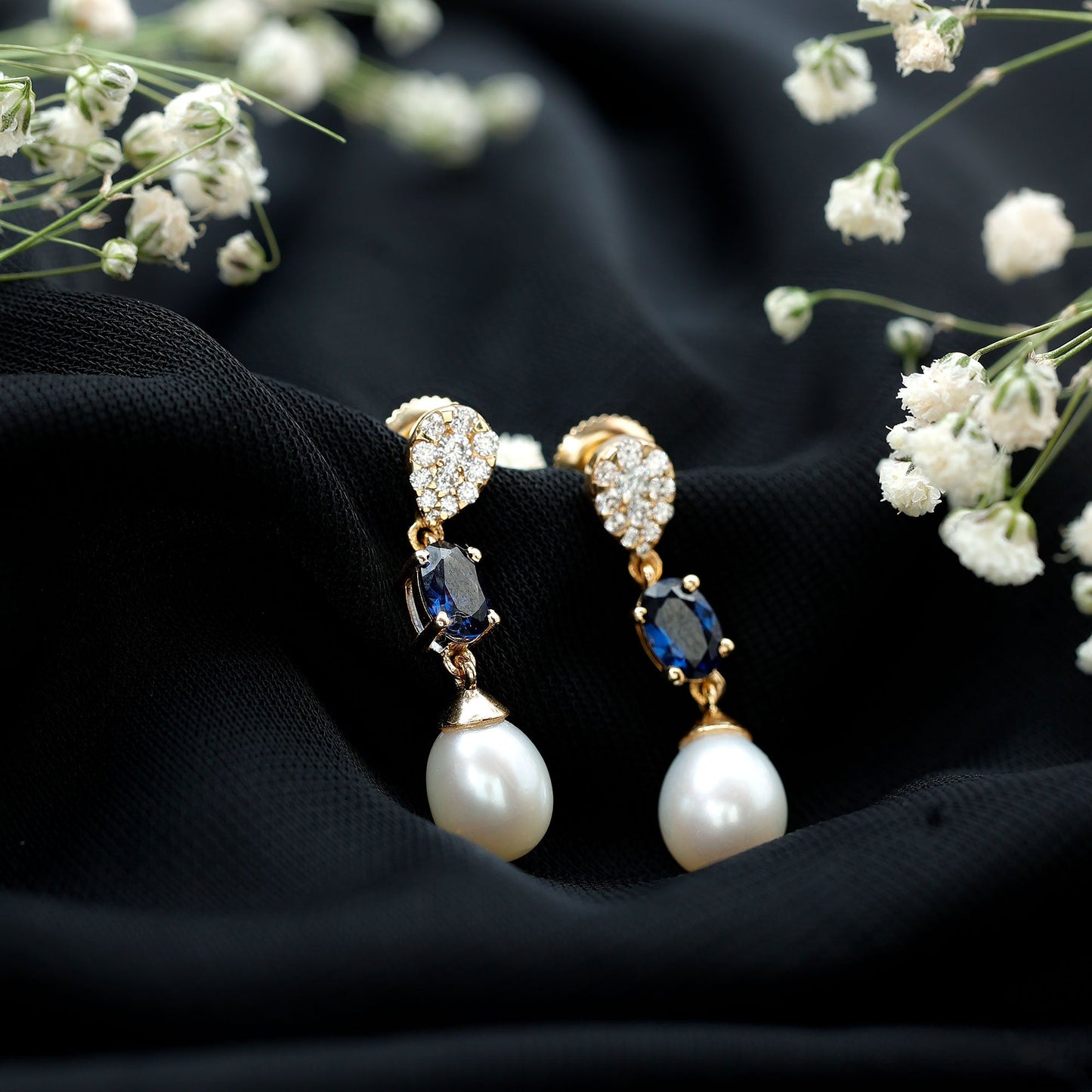 Teardrop Shape Freshwater Pearl Dangle Earrings with Lab Sapphire