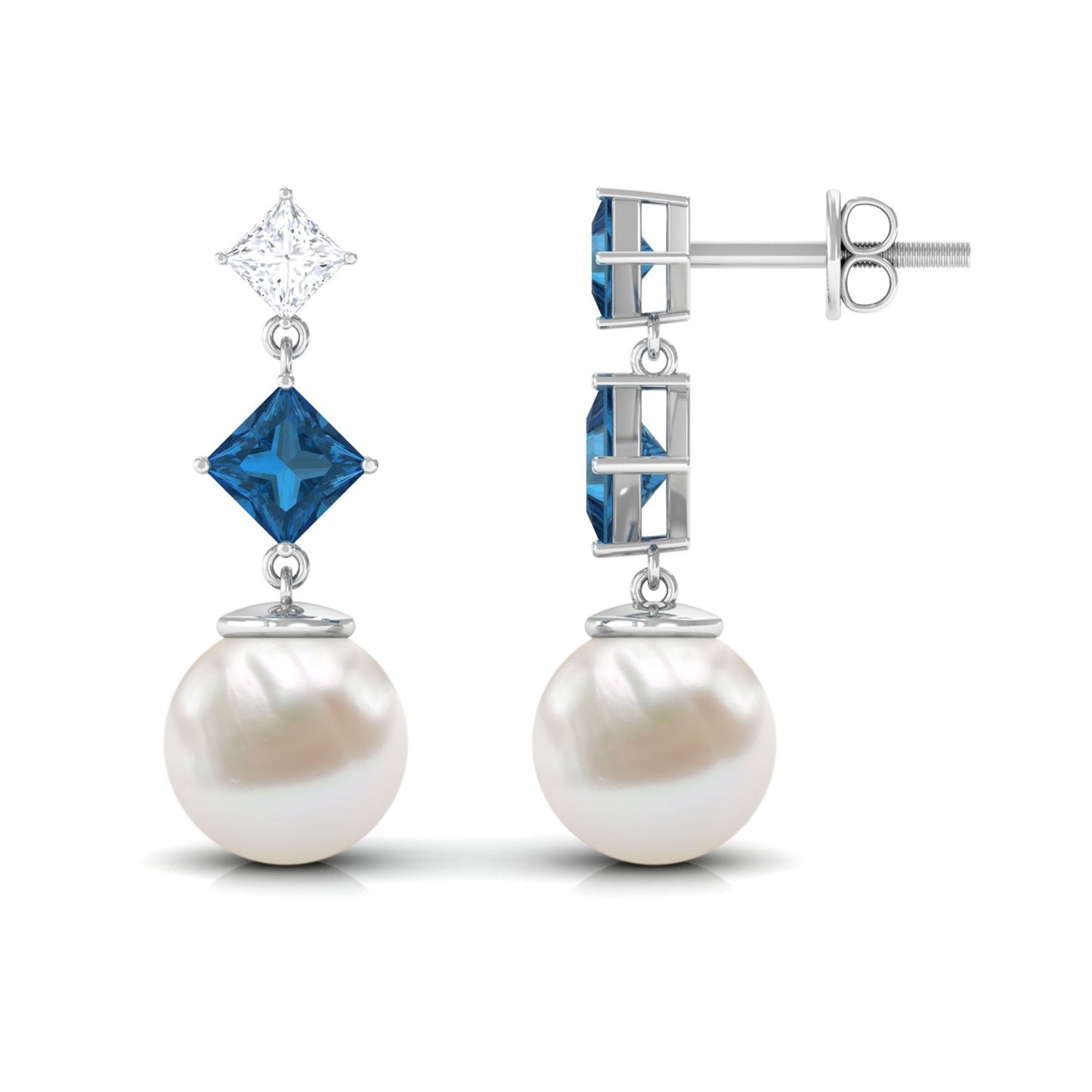 14.9 CT Freshwater Pearl and London Blue Topaz Dangle Drop Earrings with Moissanite
