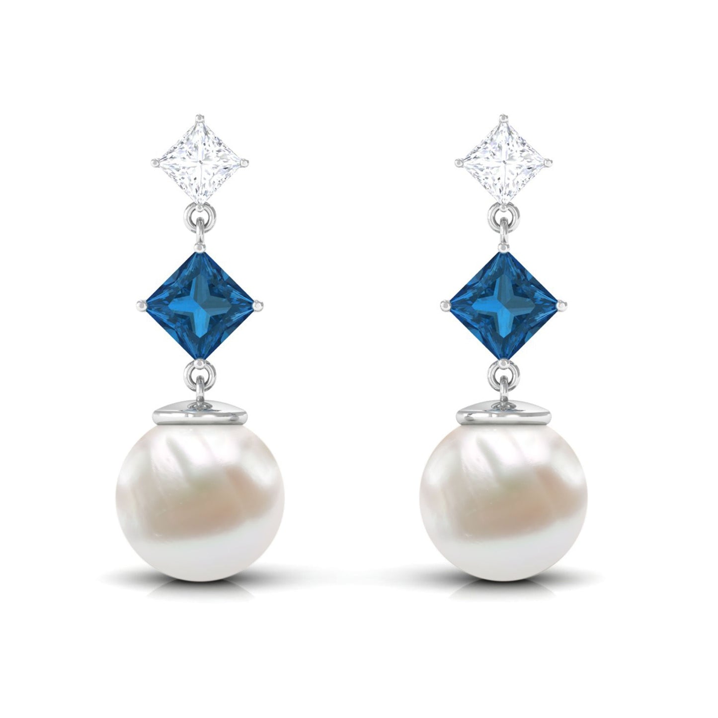14.9 CT Freshwater Pearl and London Blue Topaz Dangle Drop Earrings with Moissanite