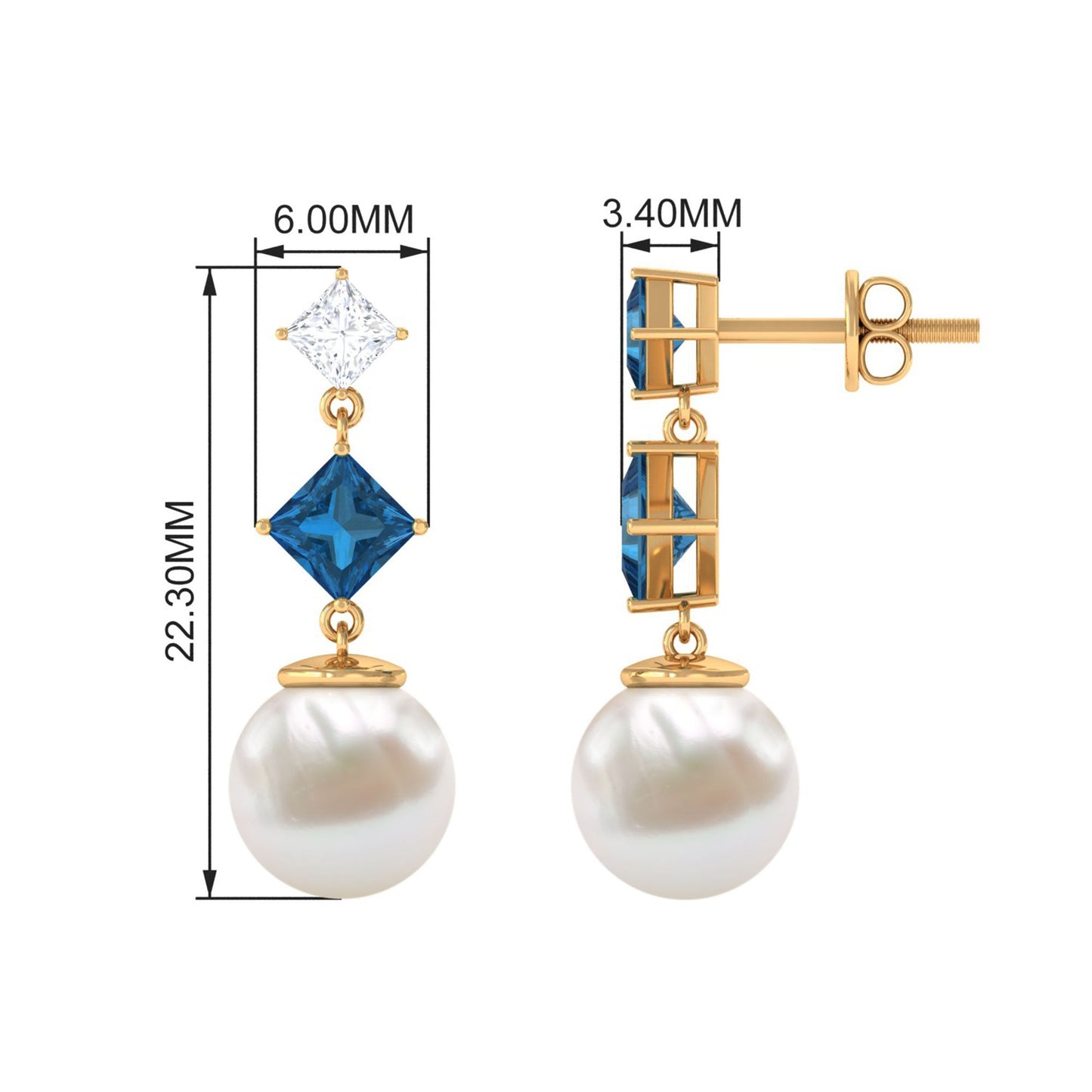 14.9 CT Freshwater Pearl and London Blue Topaz Dangle Drop Earrings with Moissanite