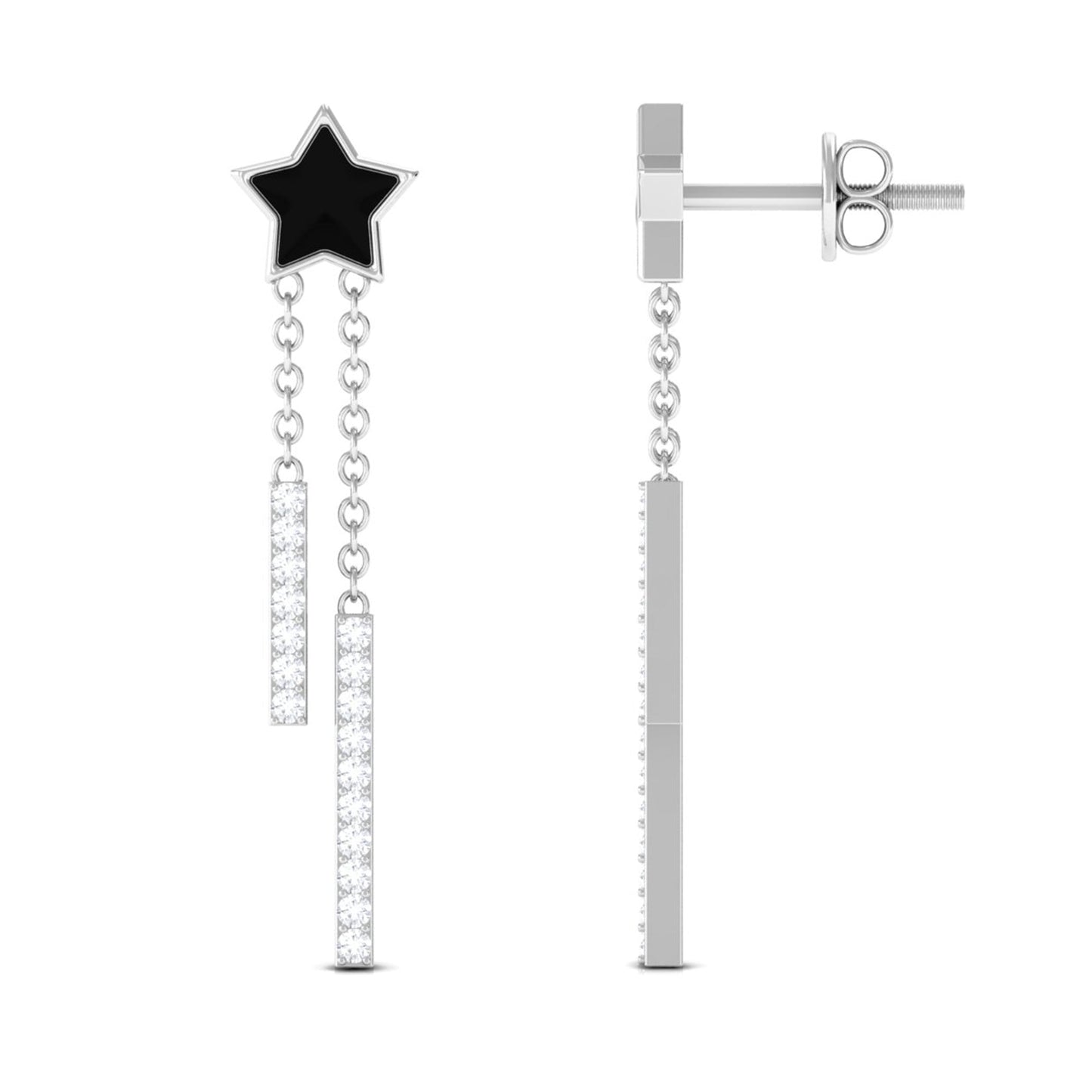 Moissanite Chain Star Dangle Earrings with Black Enamel