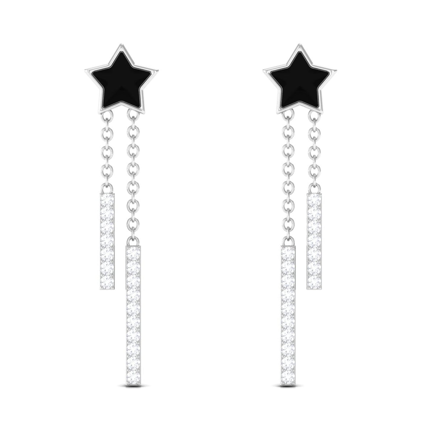Moissanite Chain Star Dangle Earrings with Black Enamel