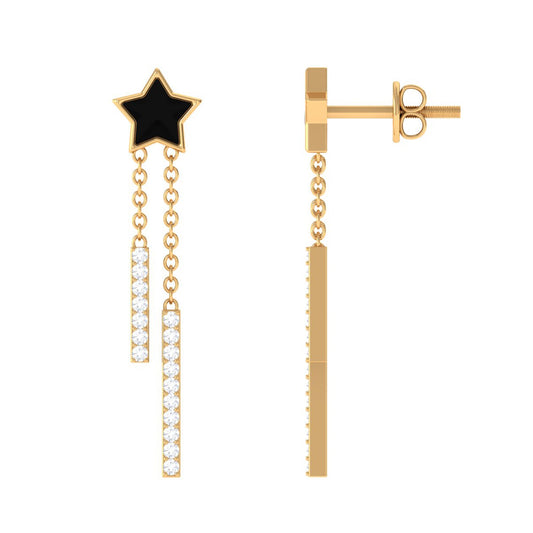Moissanite Chain Star Dangle Earrings with Black Enamel