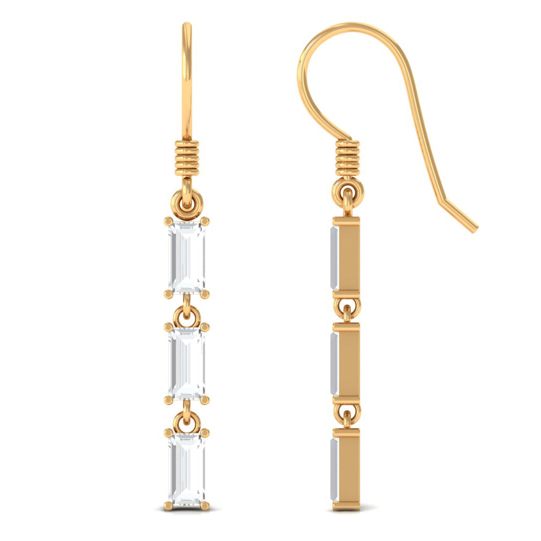 Certified Baguette Moissanite 3 Stone Dangle Earrings with Fish Hook