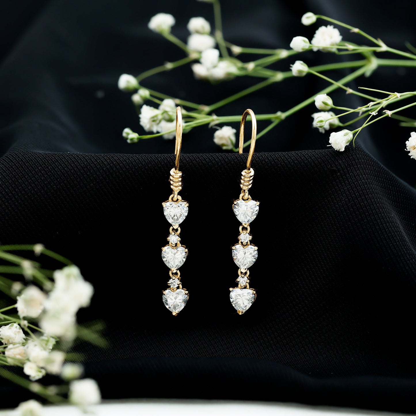 Heart and Round Shape Moissanite Dangle Earrings