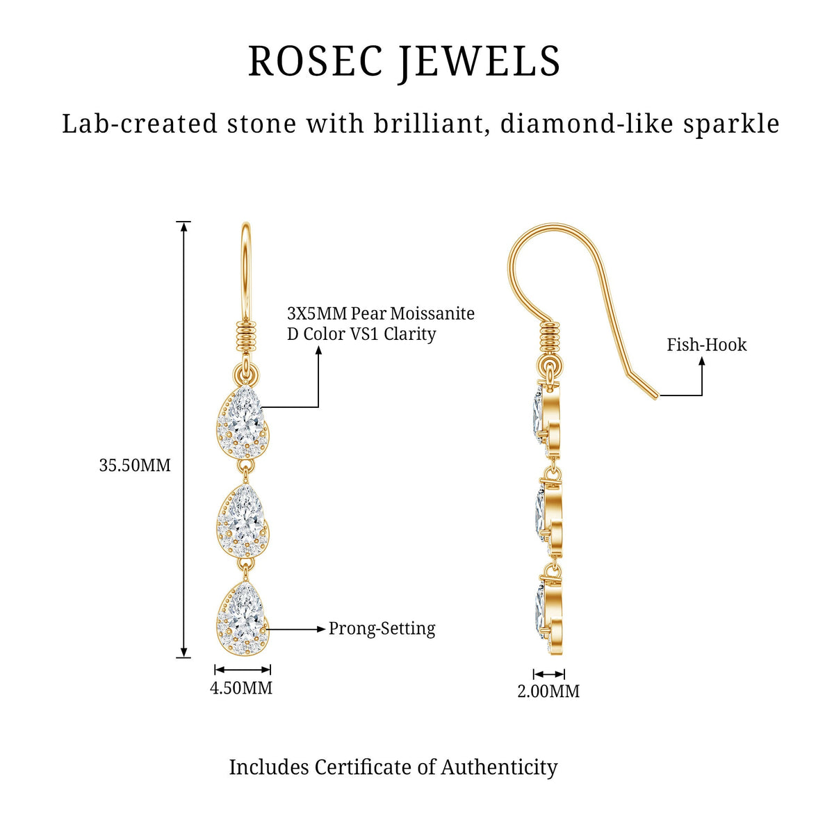 Certified Moissanite Dangling Wedding Earrings for Bride