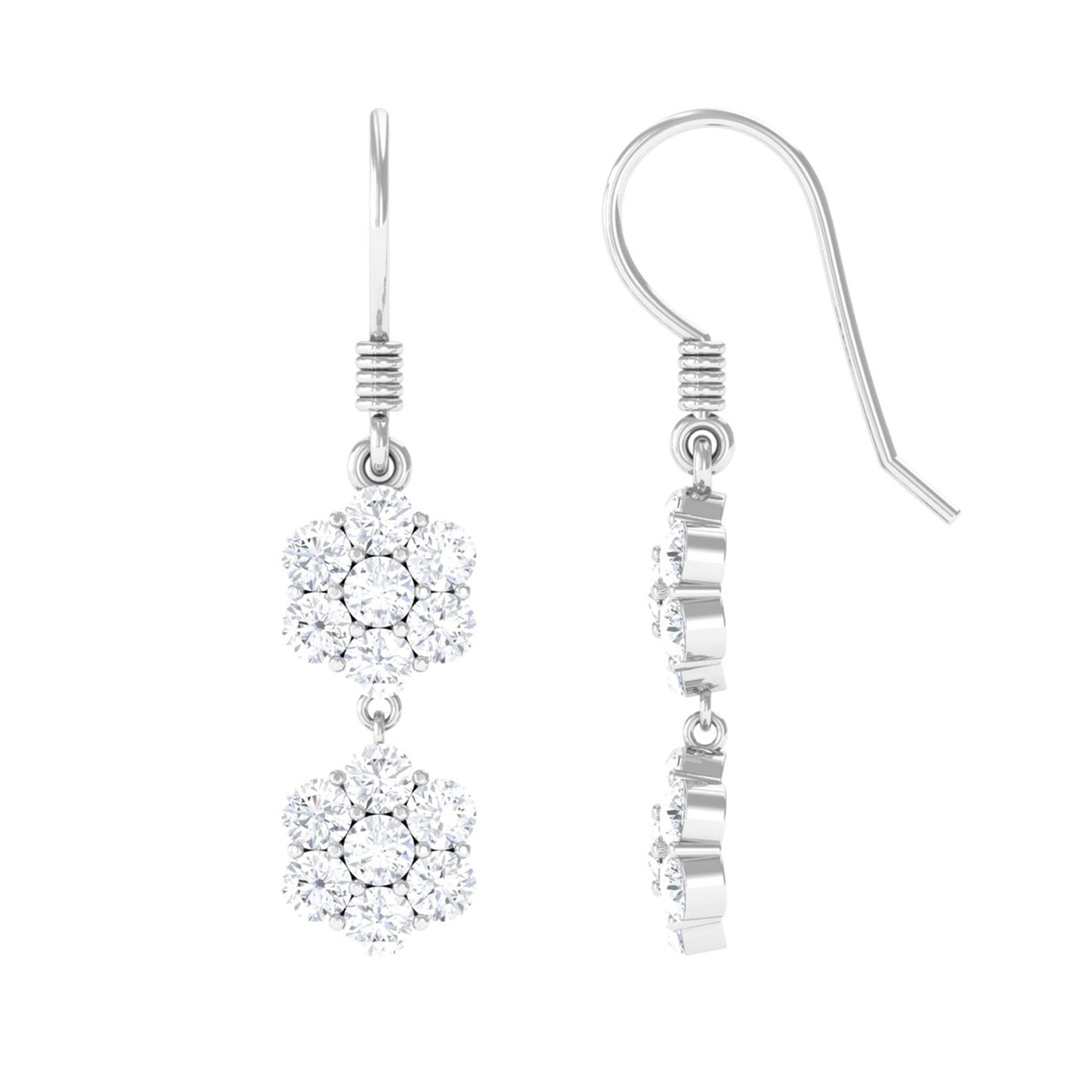 Certified Moissanite Double Flower Dangle Earrings with Fish Hook
