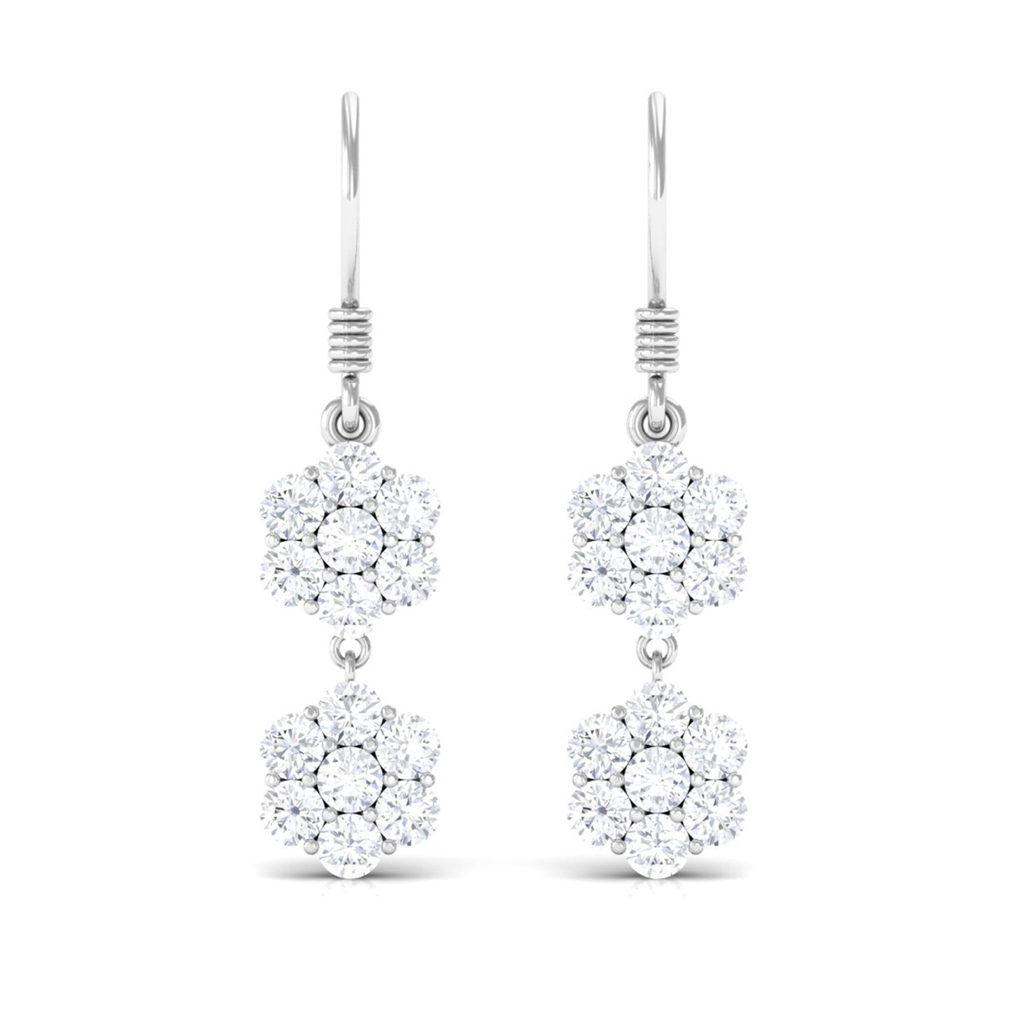 Certified Moissanite Double Flower Dangle Earrings with Fish Hook