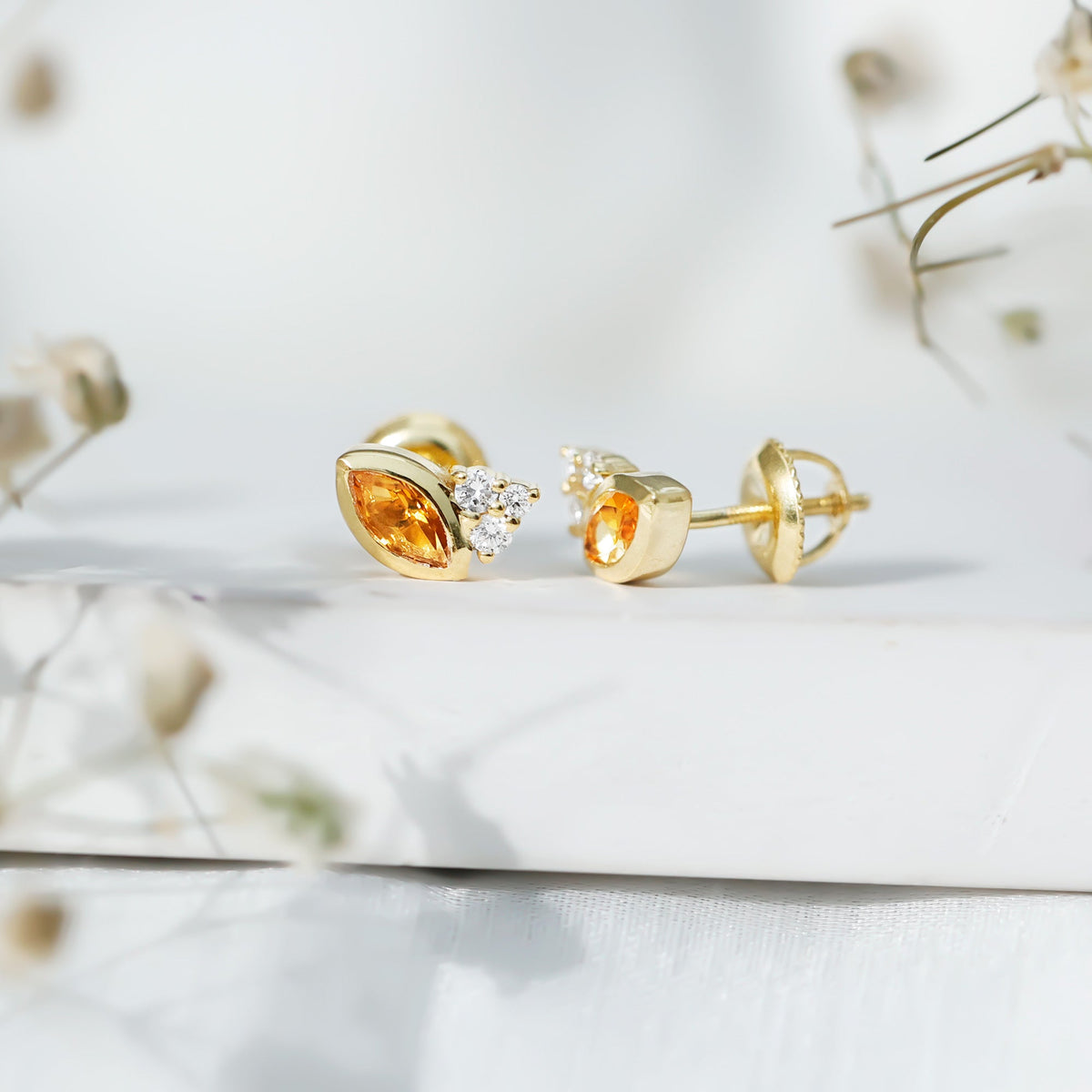 Bezel Set Citrine Marquise Stud Earrings with Diamonds