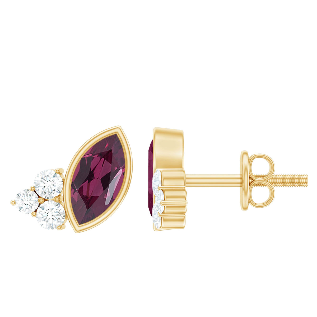 Bezel Set Rhodolite Garnet Stud Earrings with Diamonds