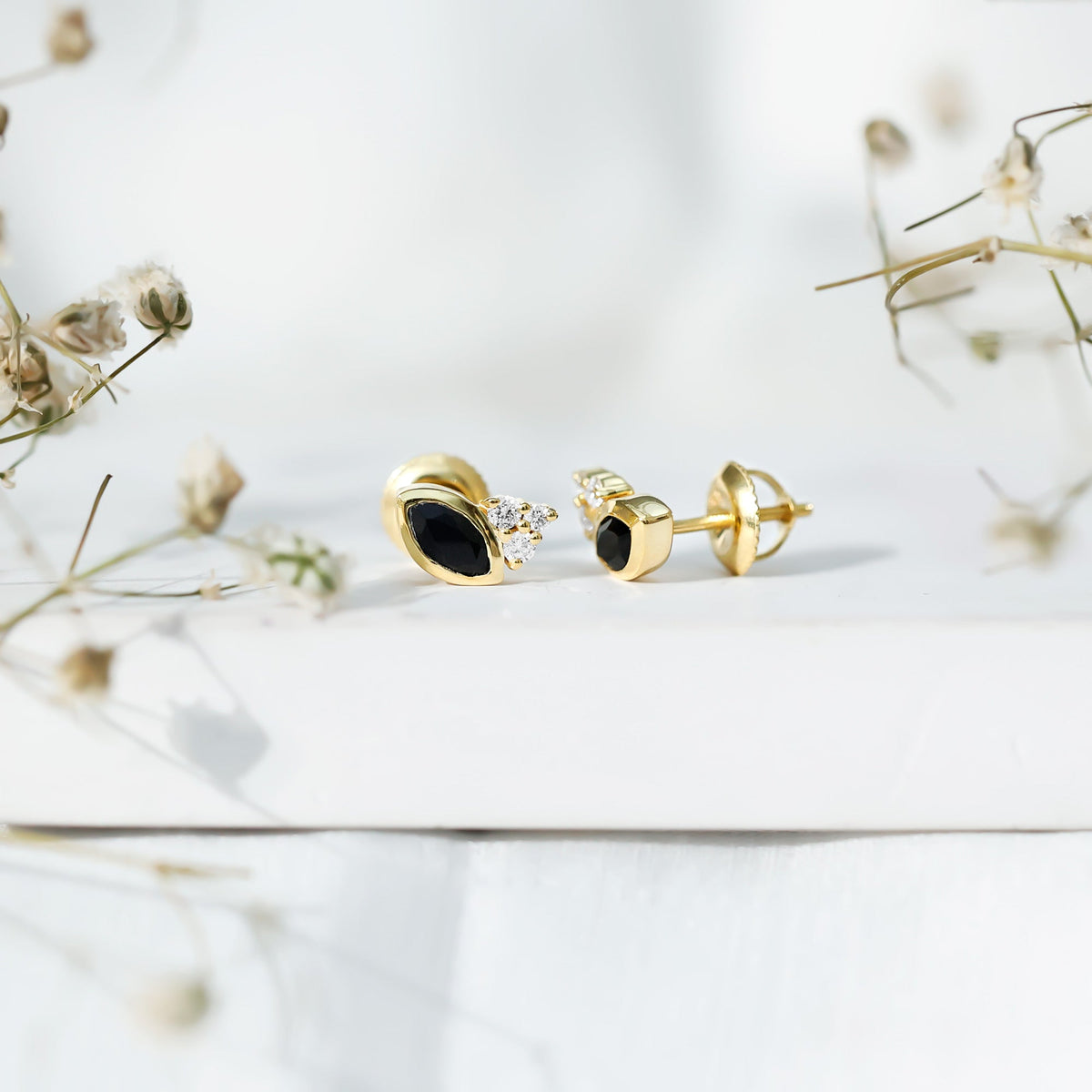 Marquise Cut Black Spinel Stud Earrings with Diamonds