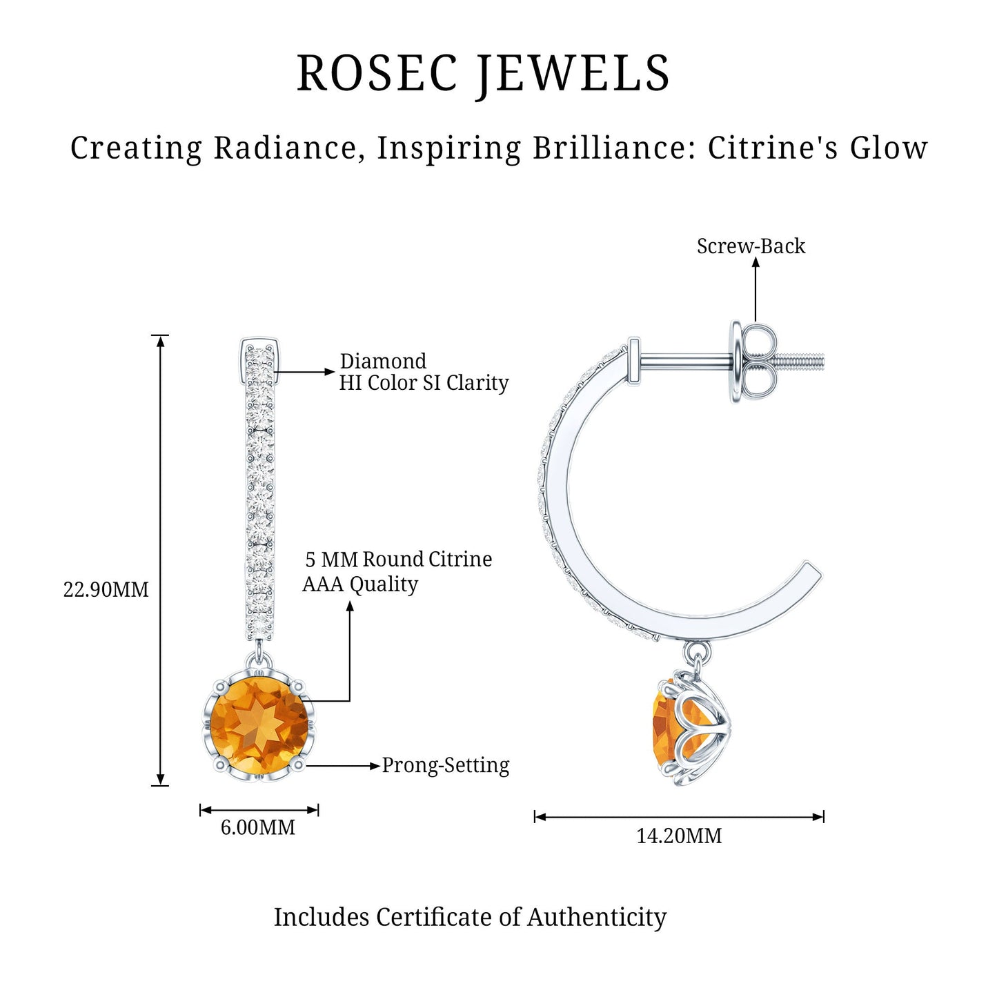 Natural Citrine Diamond Drop Hoop Earrings with Screw Back